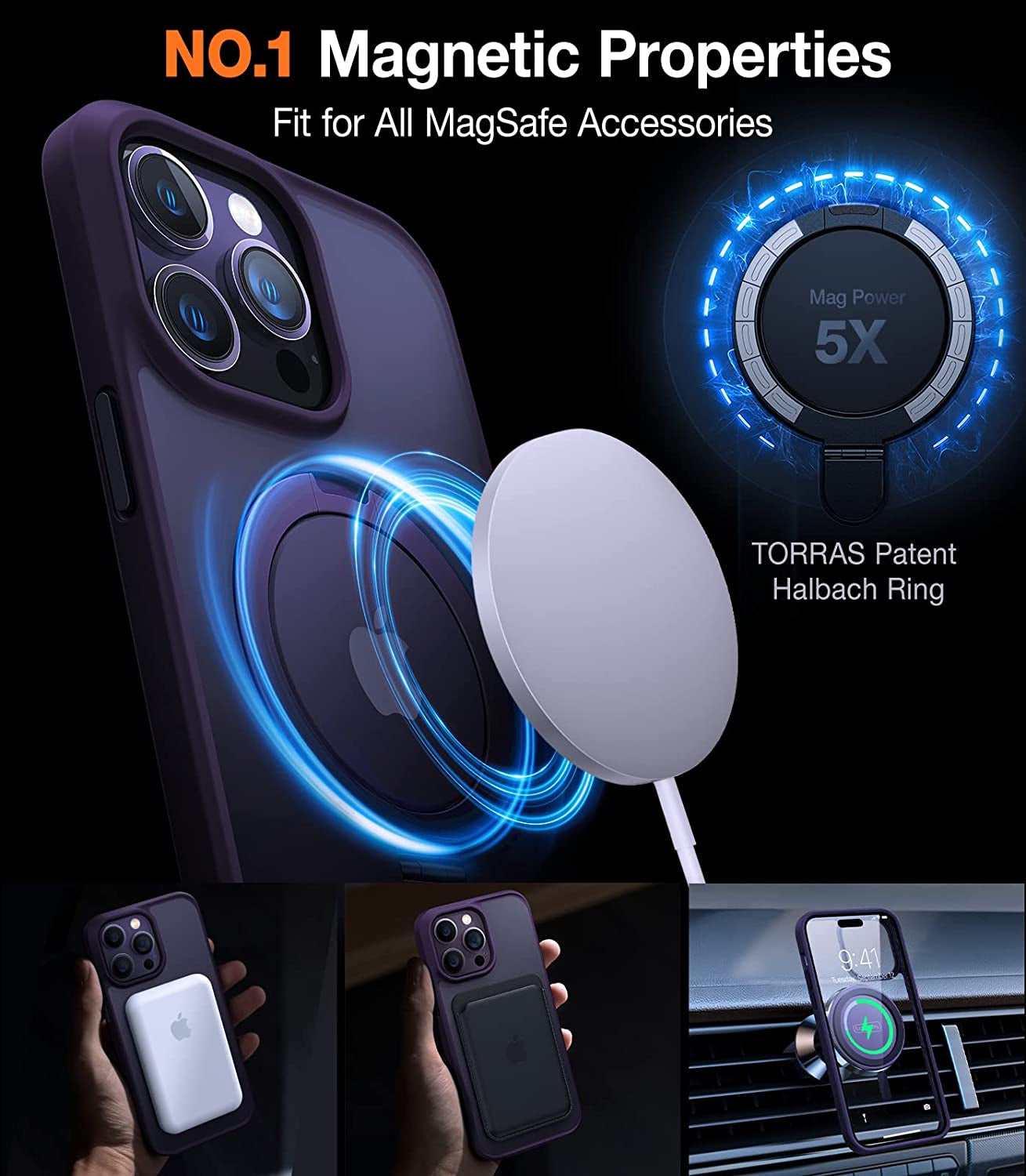 TORRAS Magnetic Shockproof for Iphone 14 Pro Case with Hidden Stand, [Exceed 3X Mil-Grade Drop Protection][Compatible with Magsafe] Slim Fit yet Protective Phone Grip Cover 6.1 Inch, Deep Purple  TORRAS   