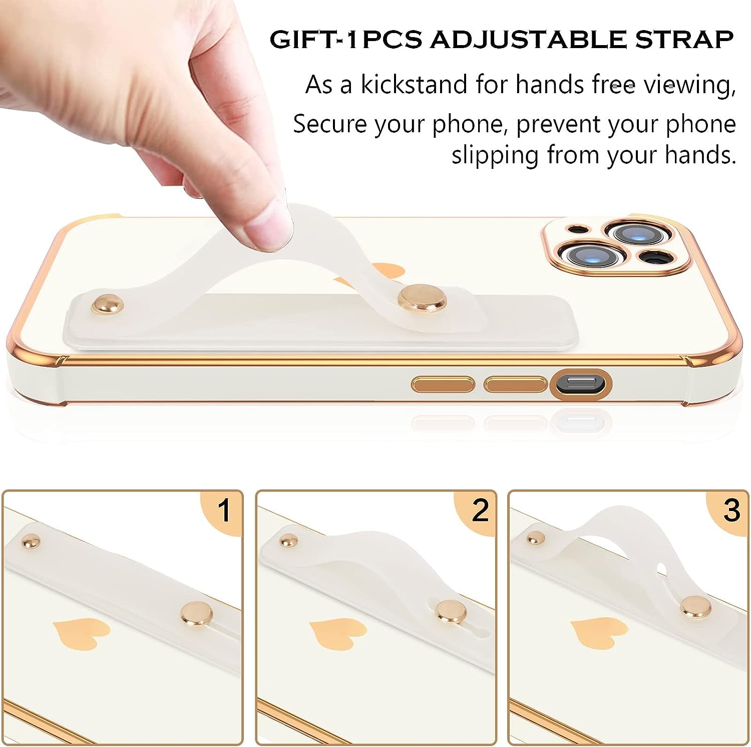 YINLAI Iphone 13 Case, Iphone 13 Cover 6.1 Inch with Finger Loop Holder Wrist Strap Kickstand Hearts Pattern Love Plating Women Girls Slim Fit Soft Shockproof Protective Phone Cases,White  YINLAI   