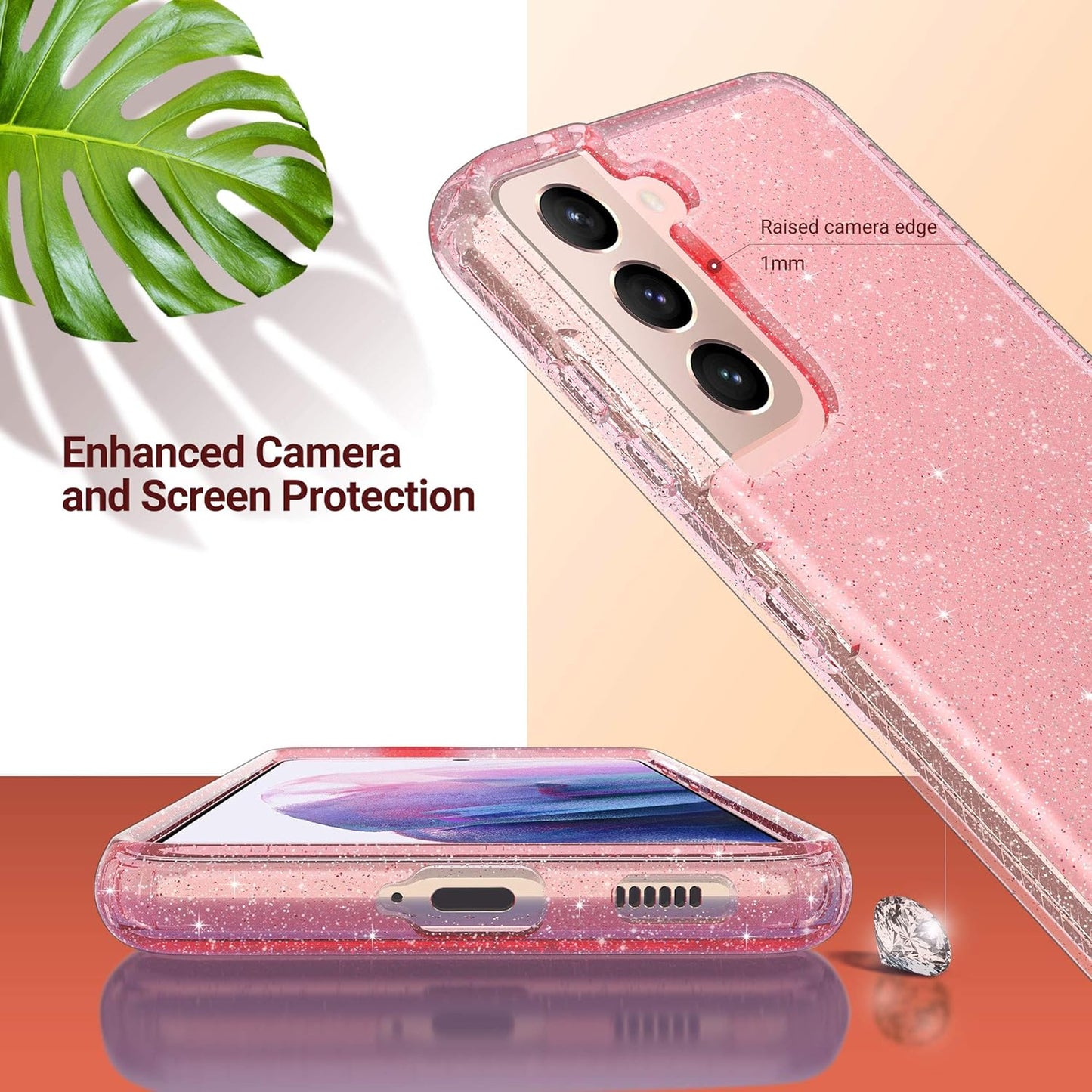 ULAK Galaxy S21 Case, Clear Glitter Case Sparkly Soft TPU Bumper Bling Cover for Women Girls Transparent Protective Phone Case for Samsung Galaxy S21 5G 6.2 Inches - Pink Glitter  ULAK   