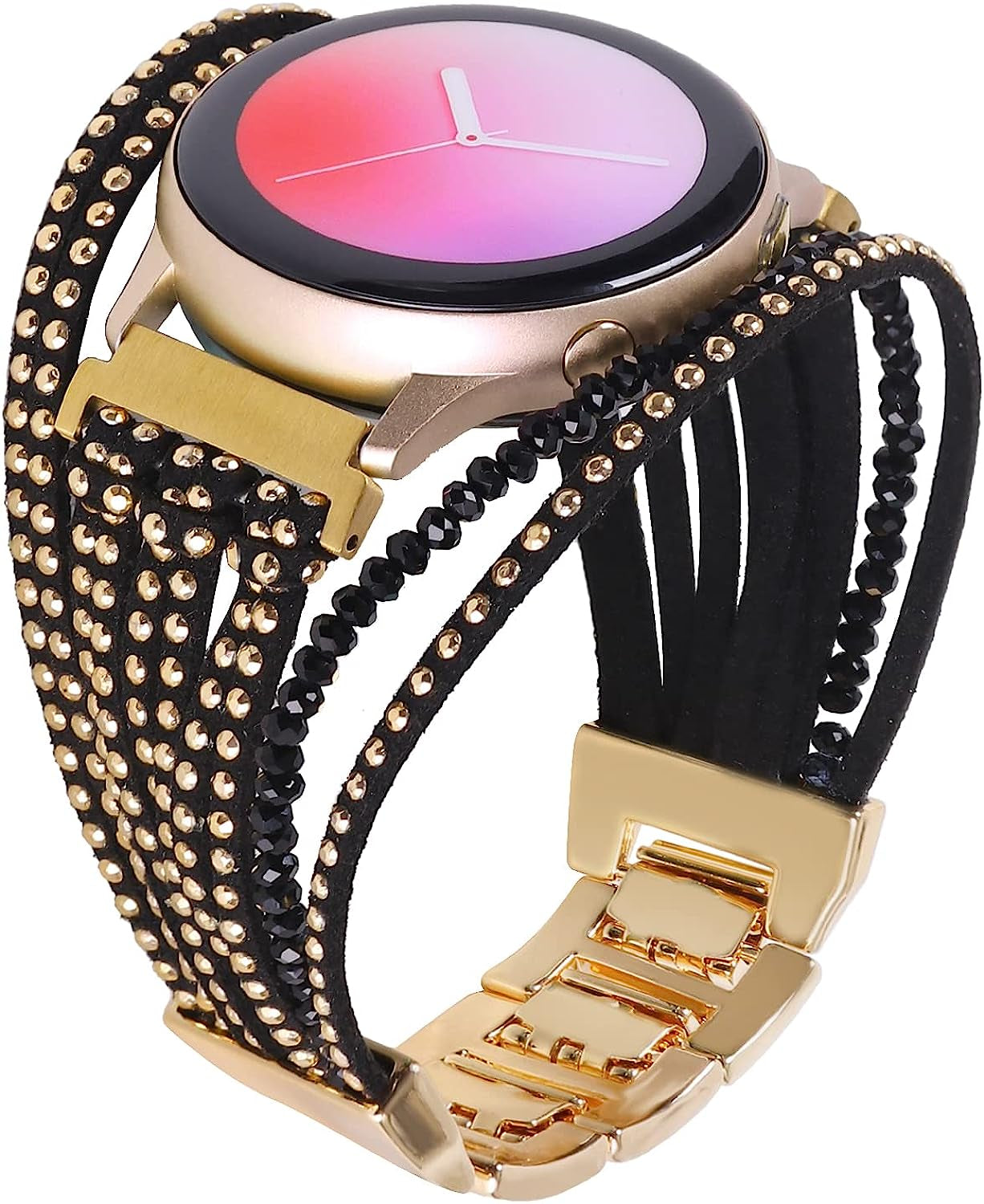 20Mm Bracelet Watch Band Compatible with Samsung Galaxy Watch 4 40Mm 44Mm/Watch 4 Classic 42Mm 46Mm/ Watch Active 2/Watch 3 41Mm/Garmin Vivoactive 3, 20Mm Glitter Leather Boho Bracelet Jewelry Multilayer Strap for Women  NEWLOTSE Black  