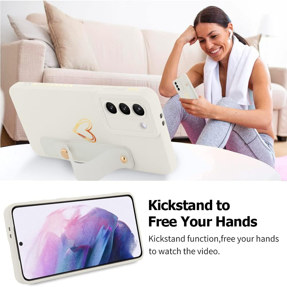 Fiyart Designed for Galaxy S21 5G Case with Phone Stand Holder Cute Love Hearts Pattern Slim Protective Camera Protection Cover with Wrist Strap for Women Girls for Galaxy S21 5G 6.2"-White  Fiyart   