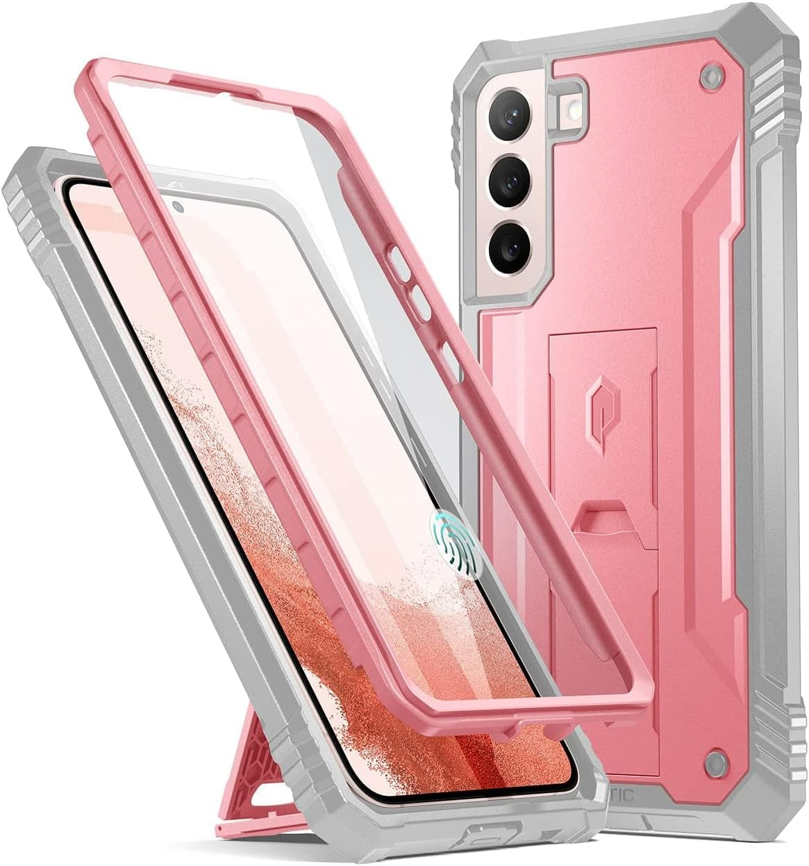 Poetic Revolution Case for Galaxy S22+ plus with Built-In Screen Protector, Work with Fingerprint ID, Full Body Rugged Shockproof Protective Cover Case with Kickstand for S22+ plus 5G 6.6 Inch, Black  Poetic Light Pink  