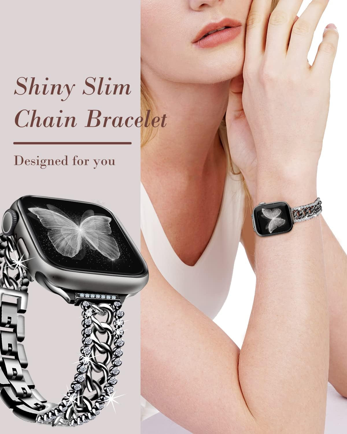 Beu1St Bling Chain Compatible with Apple Watch Band 42Mm 44 Mm 45Mm 49Mm, Women Dressy Glitter Diamond Rhinestone Stainless Steel Metal Bracelet Strap for Iwatch Series 8/7/6/5/4/3/2/1/SE Black  beu1st   