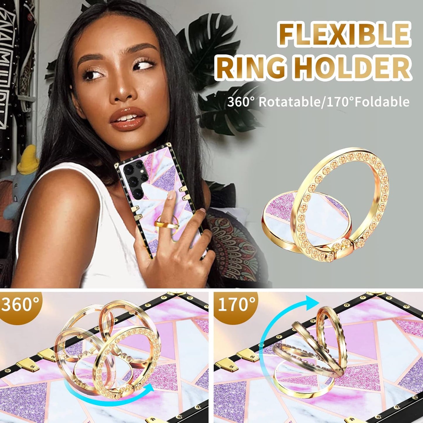 Loheckle for Samsung Galaxy S22 Ultra Case for Women Girls with Ring Stand Holder and Lanyard, Marble Camo Retro Luxury Glamour Cute Square Edges Phone Cover for S22 Ultra  JianKeJi   