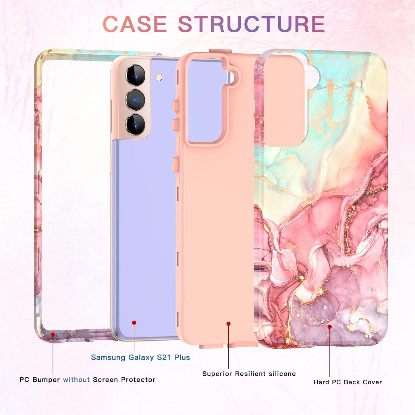 Galaxy S21 plus Case: Marble Pattern 3-In-1 Heavy Duty Shockproof with Rugged Hard PC & Soft Silicone, Rose Gold  Btscase   