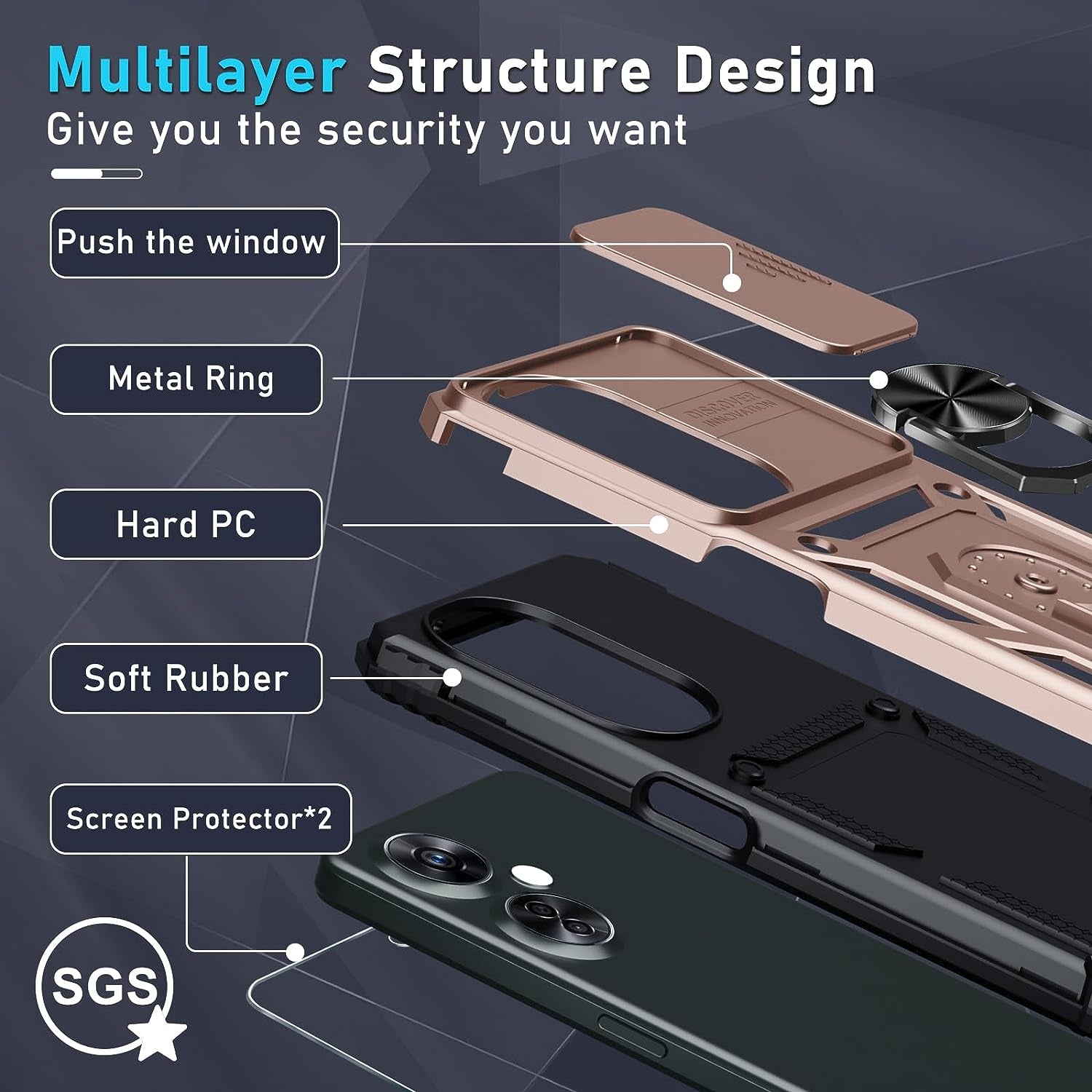 Janmitta Oneplus Nord N30 5G Case Built in Slide Camera Lens Cover+Screen Protector+Finger Ring Holder Kickstand,Heavy Duty Shockproof Full Body Protective Phone Cover,2023 Rose Gold  Janmitta   