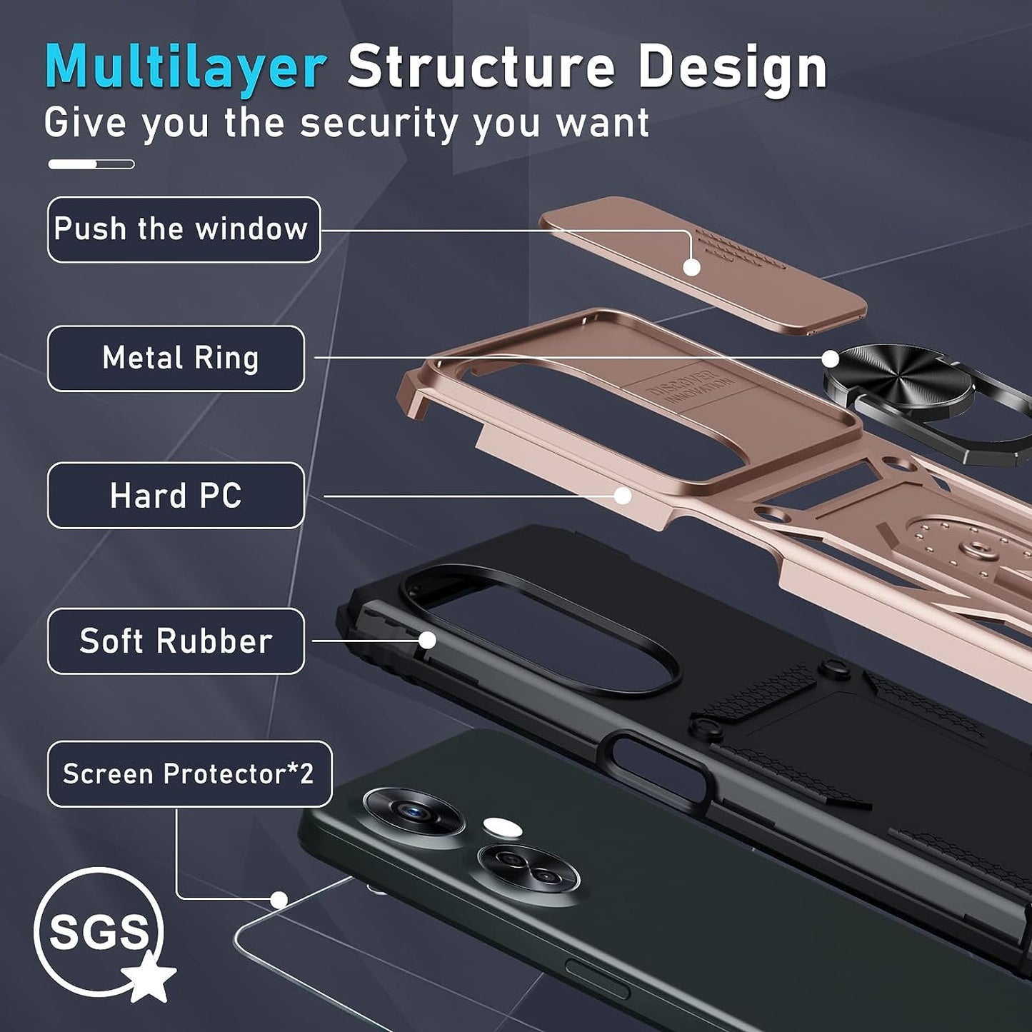 Janmitta Oneplus Nord N30 5G Case Built in Slide Camera Lens Cover+Screen Protector+Finger Ring Holder Kickstand,Heavy Duty Shockproof Full Body Protective Phone Cover,2023 Rose Gold  Janmitta   