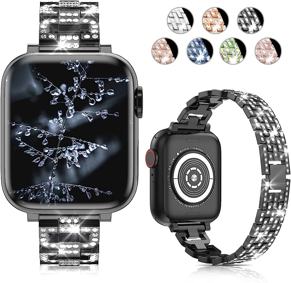 SIBOLOO for Apple Watch Band 45Mm 44Mm 42Mm 41Mm 40Mm 38Mm Series 7 Series 6 5 4 3 2 1 SE, Diamond Rhinestone Stainless Steel Iwatch Band, Bling Replacement Bracelet Metal Wristband Strap  SIBOLOO Black 41mm/40mm/38 mm 