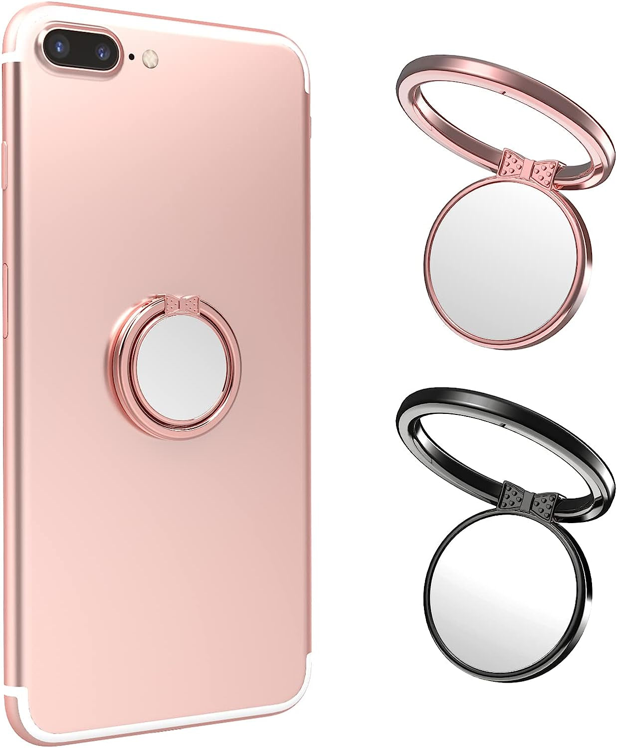 Finger Ring Stand, ICHECKEY Phone Ring Kickstand 360° Rotation Metal Grip Holder for Magnetic Car Mount Compatible with All Smartphone, Ipad, Tablet - Rose Gold/Silver (Rose2Pcs)  ICHECKEY RoseGold Black  