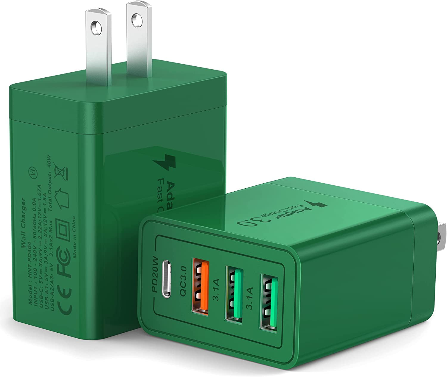 [2 Pack] USB-C Wall Charger, 40W Durable 4Port QC+PD 3.0 Power Adapter, Double Fast Plug Charging Block for Iphone 14/14 Pro/14 Pro Max/14 Plus/13/12/11, XS/XR/X, Watch Series 8/7 Cube(White)  CSODINCE Dark Green  