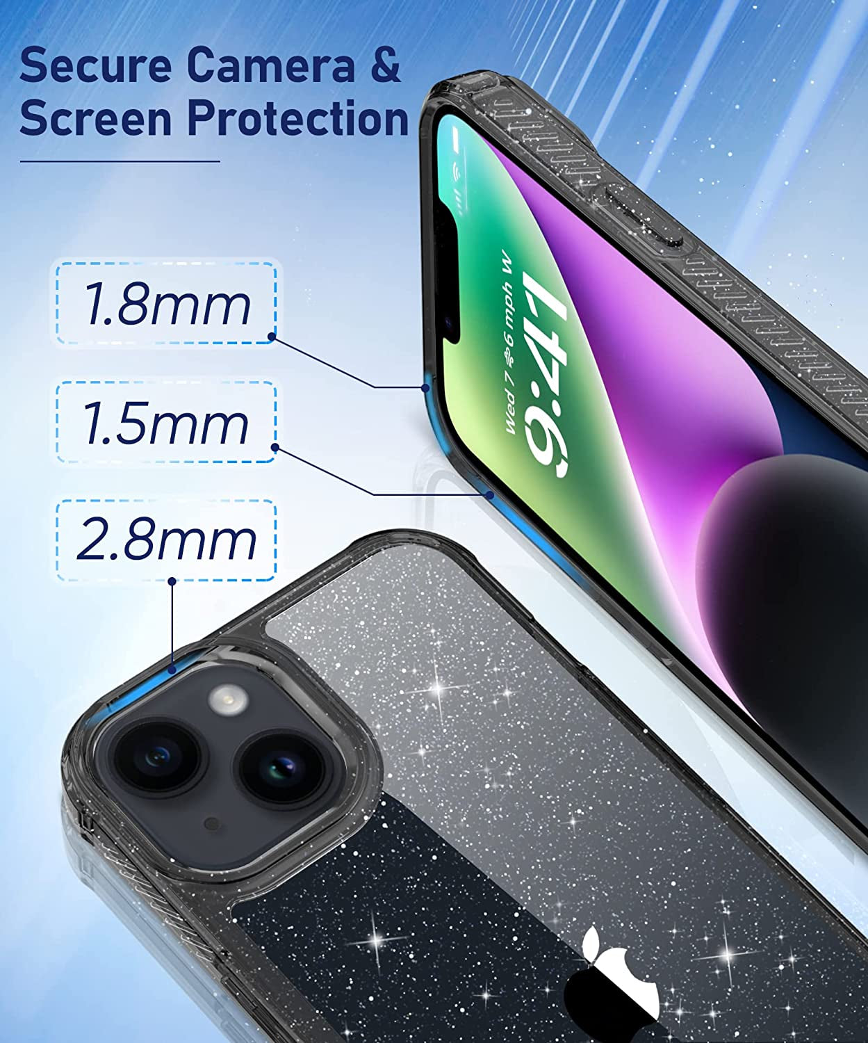 MIODIK Compatible with Iphone 14 Case with Screen Protector + Camera Lens Protector, Non Yellowing Clear Glitter Protective Phone Case, Women Girls Cover for Iphone 14 6.1 Inch 2022 - Sparkle Black  MIODIK   