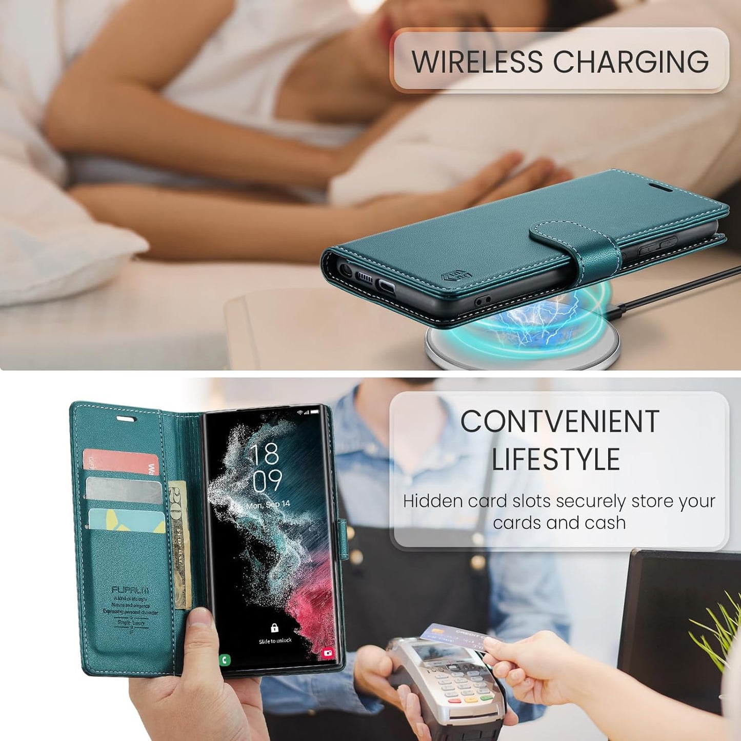 FLIPALM for Samsung Galaxy S22 Ultra Wallet Case with RFID Blocking Credit Card Holder, PU Leather Flip Kickstand Protective Shockproof Cover Women Men for Samsung S22 Ultra Phone Case(Blue-Green)  FLIPALM   