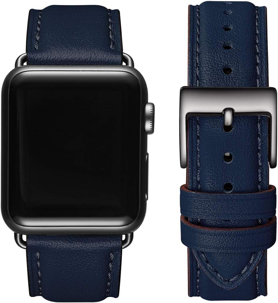OMIU Square Bands Compatible with Apple Watch Band 38Mm 40Mm 41Mm 42Mm 44Mm 45Mm 49Mm, Genuine Leather Wristband Starp for Iwatch SE Series 8 7 6 5 4 3 2 1 Utral for Women Men(Ivory White/Rose Gold)  BestWayStore Dark Blue/Black 38mm 40mm 41mm 