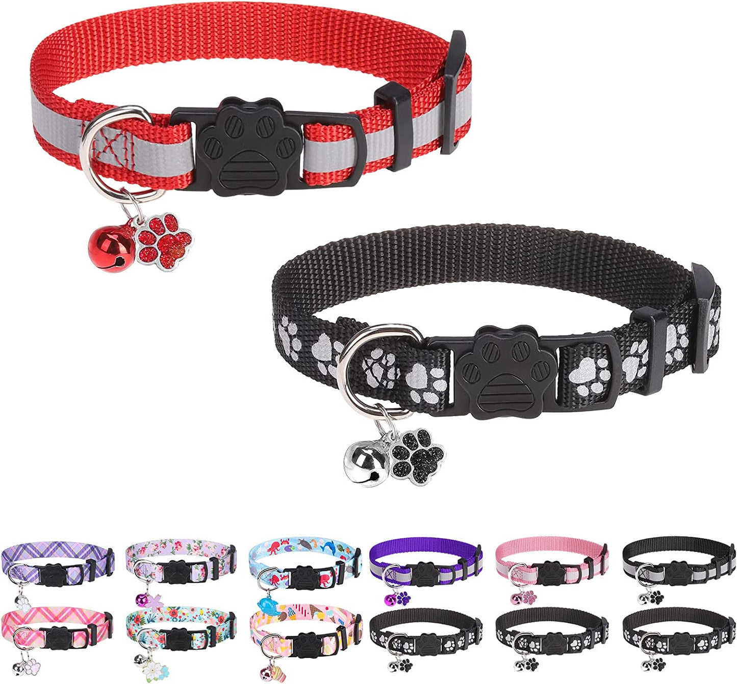 DILLYBUD Reflective Cat Collars Breakaway for Big Cats/Adult Cats Boys and Girls with Bell and Charm, 3/5" Width Safety Buckle Nylon Kitten Collar, 2 Pack Adjustable Soft Cute Pet Collar for Summer  DILLYBUD 2 Pack-Black+Red 3/5" Width 
