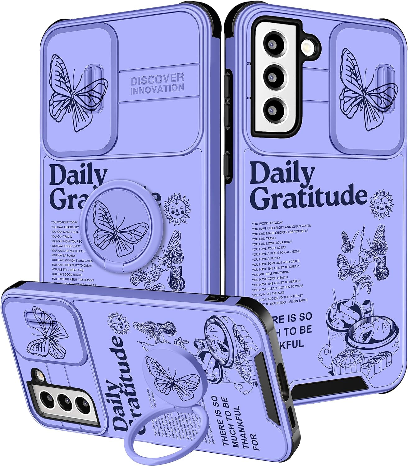 Funermei (2In1 for Samsung Galaxy S21 Case for Women Butterfly Cute Girls Phone Cover Girly Pretty Aesthetic Kawaii Black Butterfly Design with Camera Cover + Ring Stand Funda for Galaxy S21 5G Case  Funermei 1-For S21-Purple Butterfly  