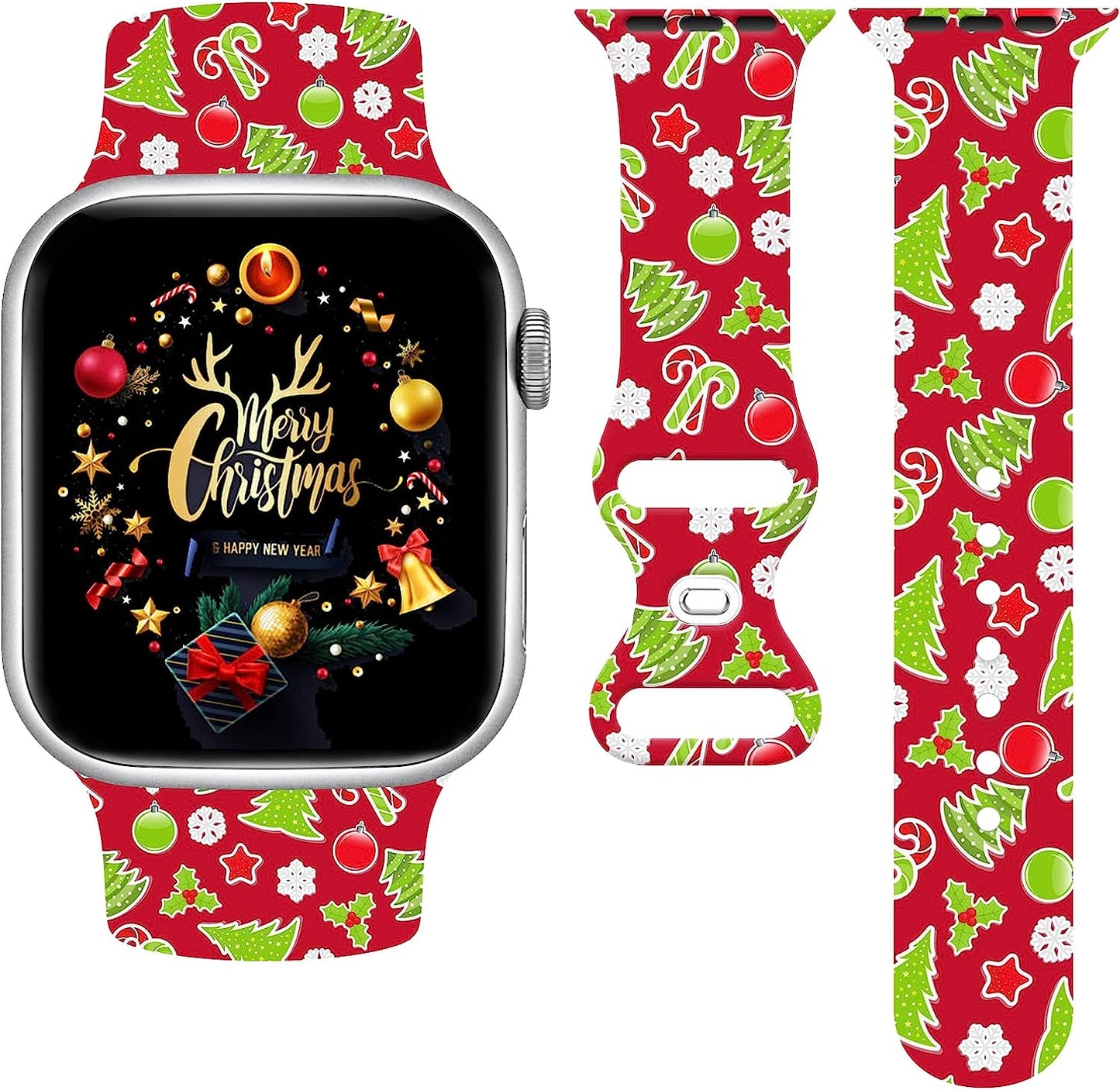 Christmas Watch Band Compatible with Apple Watch 38Mm 40Mm 41Mm 42Mm 44Mm 45Mm, Xmas Silicone Christmas Pattern Replacement Bands Wristbands Strap Compatible with All Iwatch Series  WANSENCE Christmas-C 38mm/40mm/41mm 
