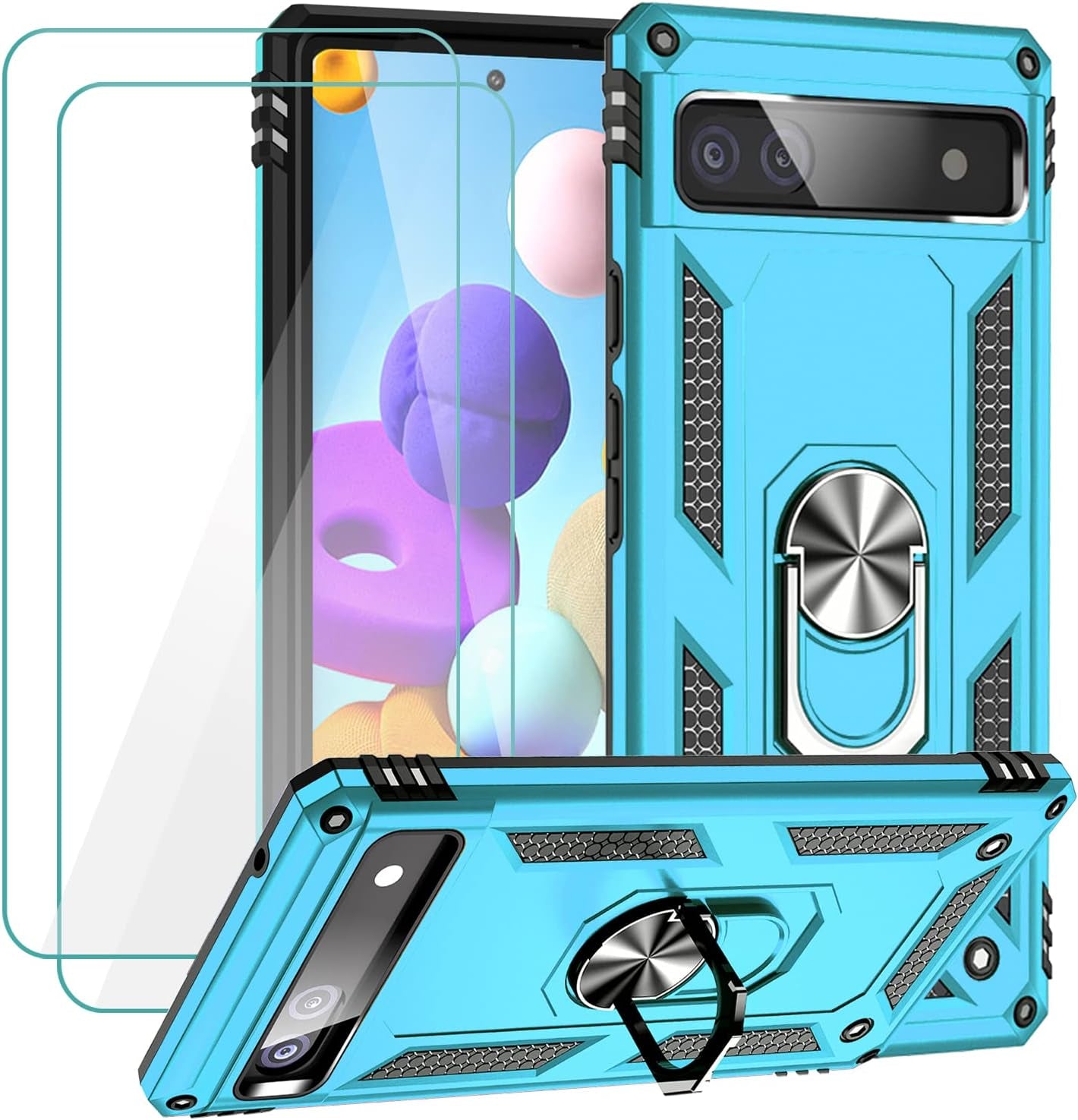 Muntinfe for Google Pixel 6A Case with Tempered Glass Screen Protector [2 Pack], Military-Grade Armor Shockproof Protective Phone Cover with Ring Magnetic Kickstand for Pixel 6A, Black  CAROL Mint  