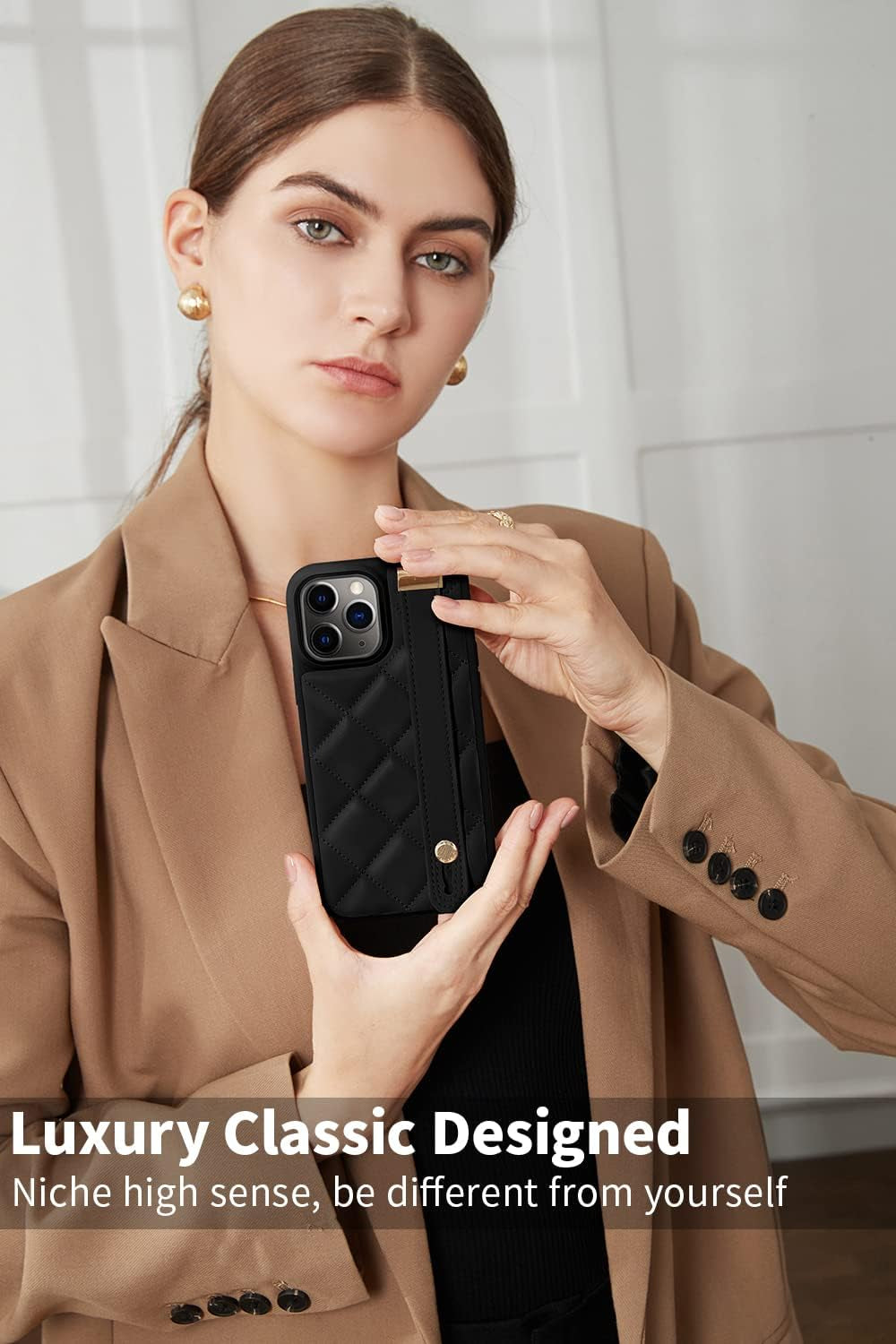 ZVE Iphone 11 Pro Stand Case Quilted Leather Cover, Shockproof Case with Kickstand for Women Strap Cover Case Compatible with Iphone 11 Pro, 5.8 Inch-Black  ZVE   