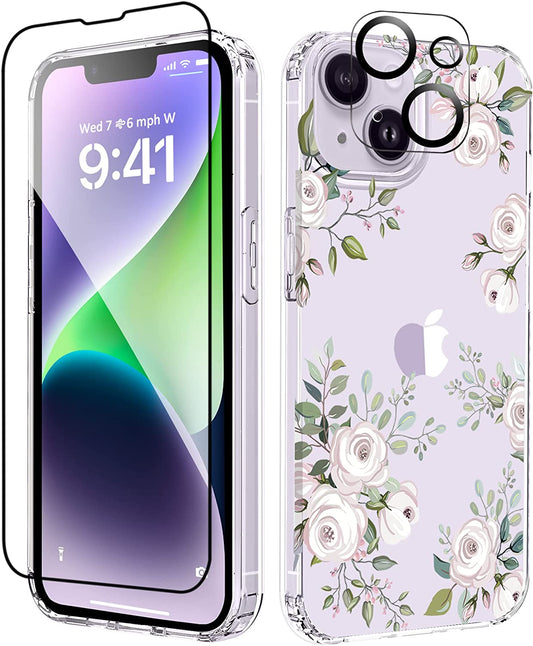 MIODIK Compatible with Iphone 14 Case with Screen Protector + Camera Lens Protector, [Anti-Yellow] Clear Floral Phone Case, Protective Shockproof Cover for Women Girls 6.1 Inch - Camellia/Ivory  MIODIK Ivory  