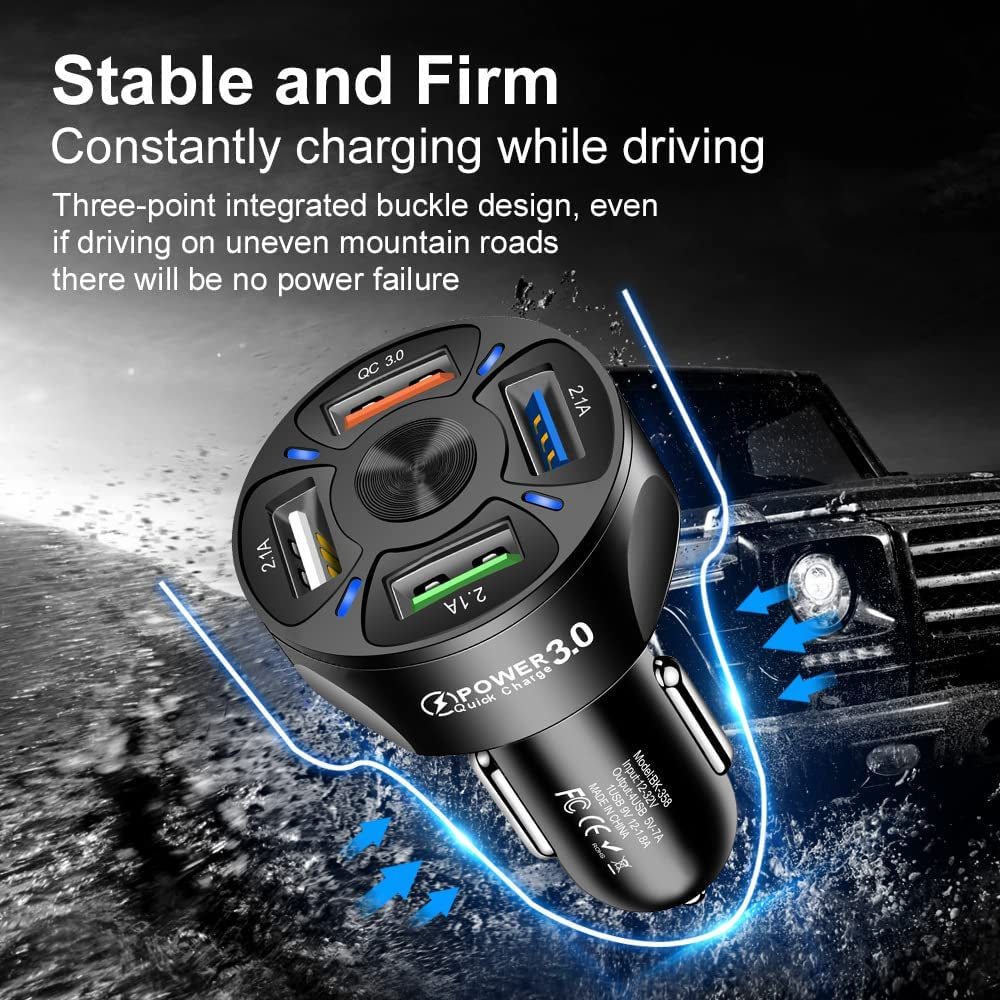 4-Port Car Charger Adapter,Qc3.0 Fast Charging with LED Light Display Cigarette Lighter USB Charger Compatible with Iphone 14 Pro MAX/13 Macbook Pro Ipad Pro Galaxy All Smart (Black)  Shenzhen Baixas Technology Co., Ltd   