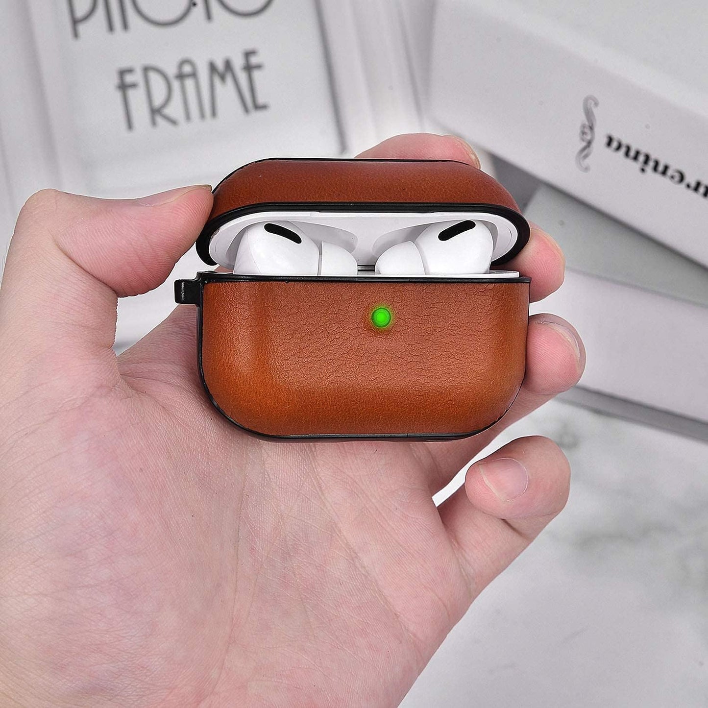 V-Moro Compatible with Airpods Pro Case Leather, Genuine Leather Airpod Pro Case for Airpods Pro [Front LED Visible] Protective Cover Skin Brown Men Women  V-MORO   