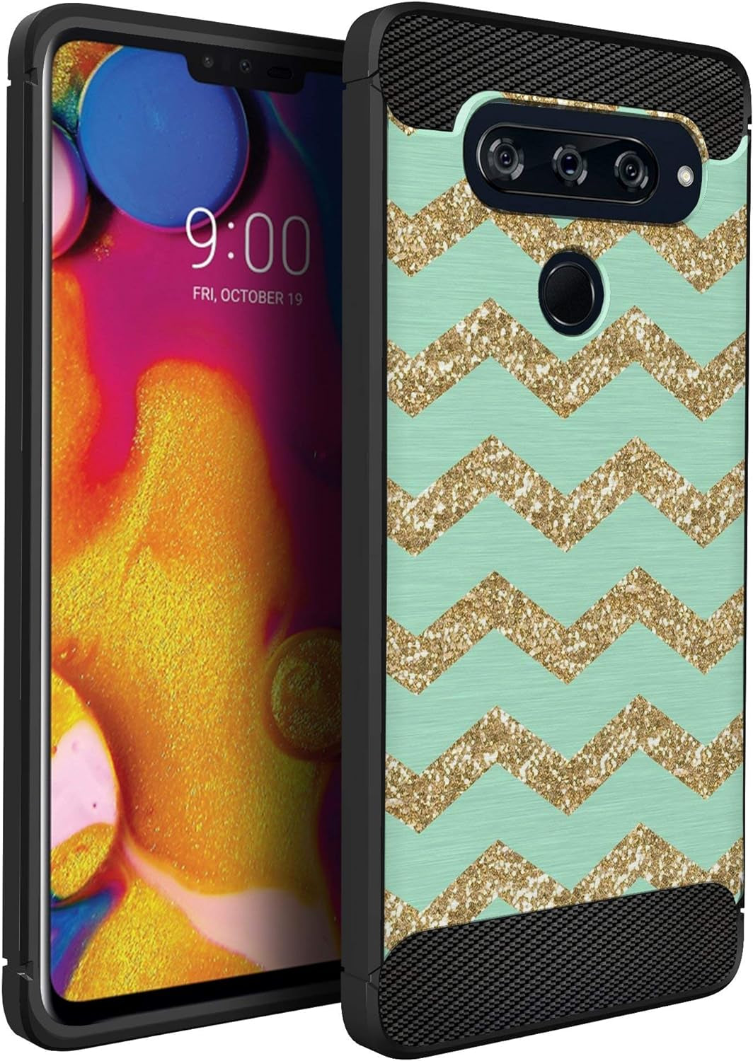 Casesondeck Fitted Case Compatible with [LG V40 Thinq] Carbon Fiber Accents Bump and Drop Protecting Flexible TPU (Blue Digital Camo)  CasesonDeck Gold Chevron  