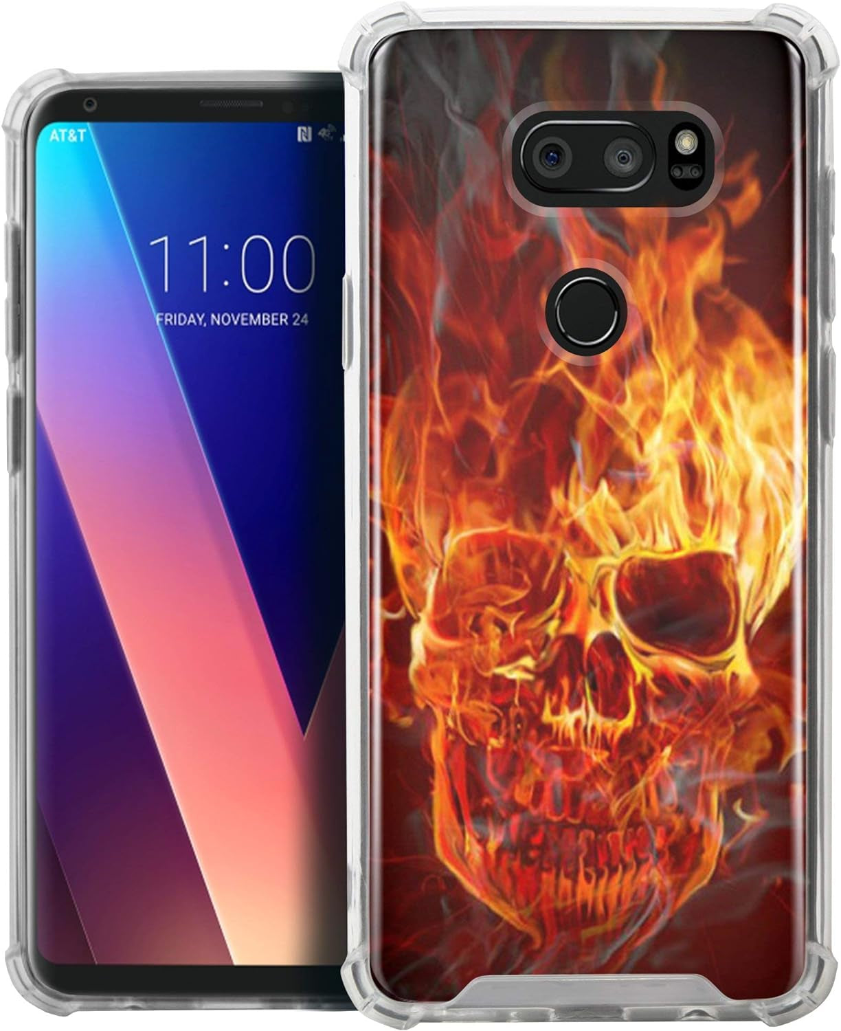 Casesondeck Clear Case Compatible with [LG V30S Thinq and LG V30] TPU Bumper Hard PC Plastic Backing Slim (Fire Skull)  CasesonDeck   