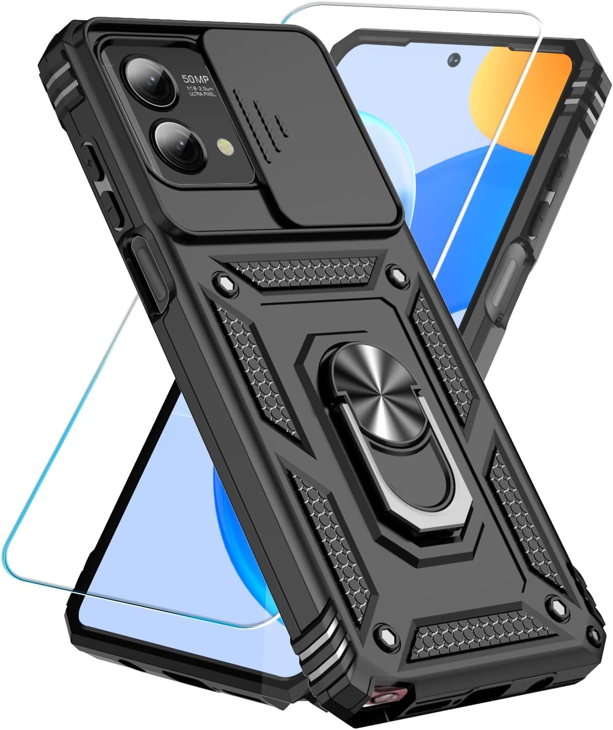 Sunstory for Motorola Moto G Stylus 5G 2023 Case with Tempered Glass Screen Protector & Slide Camera Cover & Kickstand, [Military-Grade] Phone Case for Moto G Stylus 5G 2023 (Blue)  SunStory Black  