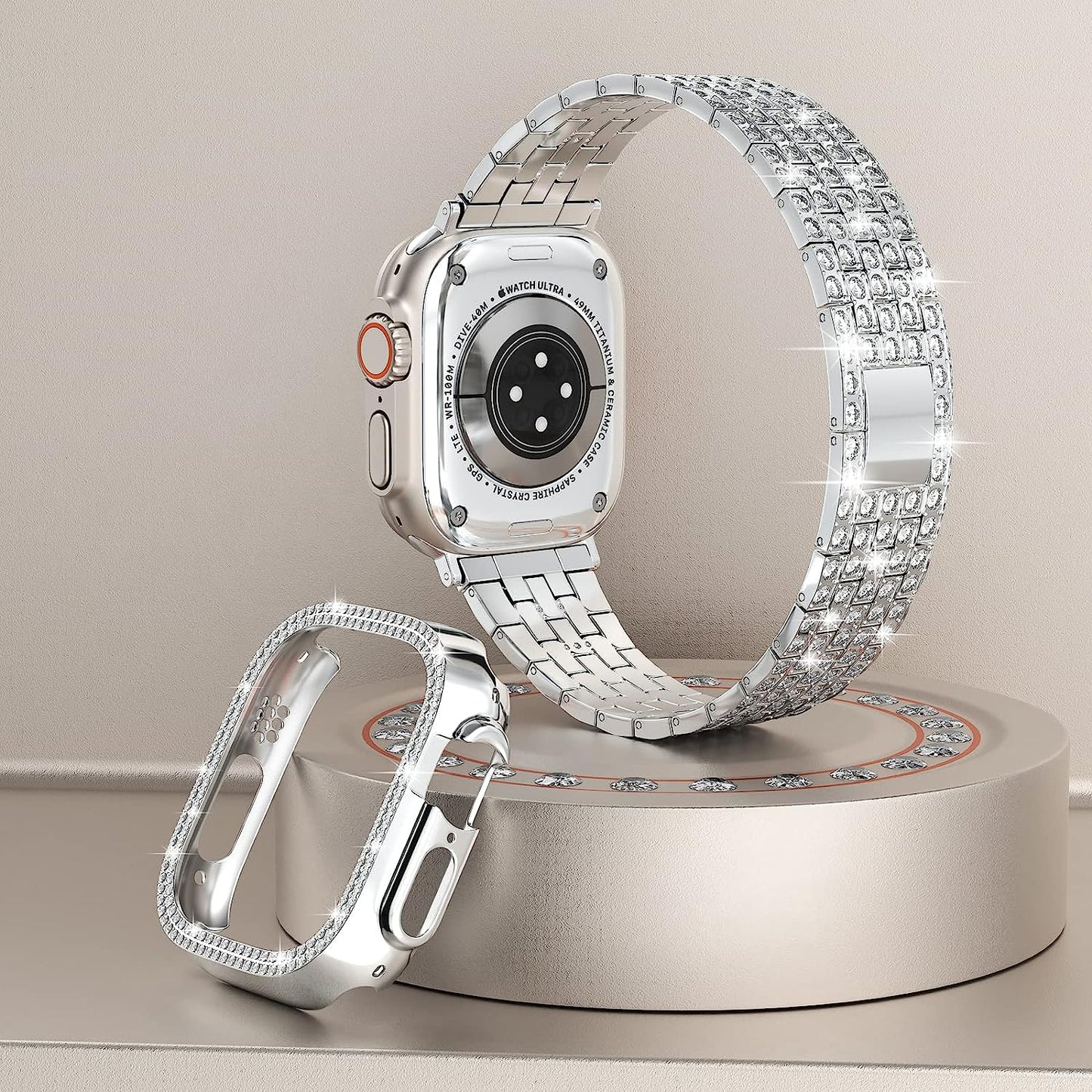 QVLANG Compatible Apple Watch Band Ultra 49Mm, Bling Series Band for Women + Diamond Rhinestone Case, Stainless Steel Metal Bracelet Strap for Iwatch Ultra (Silver, 49Mm)  QVLANG   