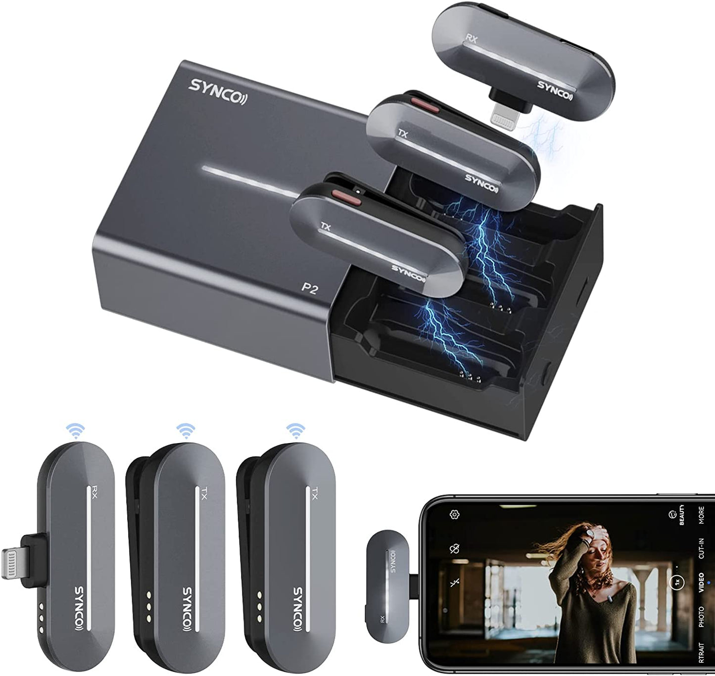 SYNCO Wireless Lavalier Microphone for Iphone, P2L Dual Mic with Noise Reduction, Voice Changer Plug Play with Charging Case Clip Mic for Lightning Smartphone, Microphone-For-Iphone  SYNCO   