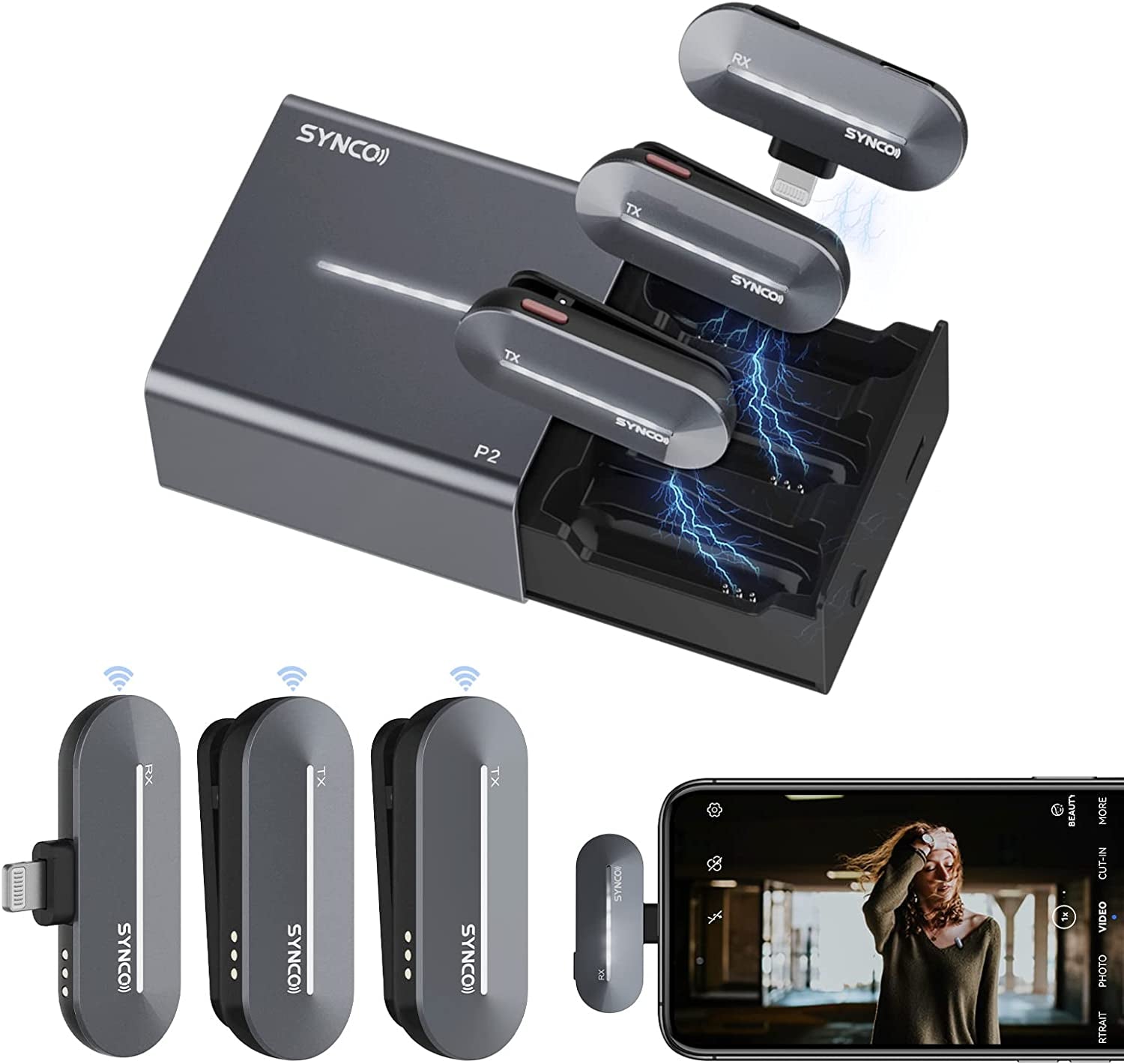 SYNCO Wireless Lavalier Microphone for Iphone, P2L Dual Mic with Noise Reduction, Voice Changer Plug Play with Charging Case Clip Mic for Lightning Smartphone, Microphone-For-Iphone  SYNCO   