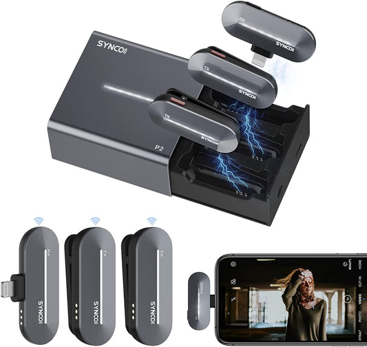 SYNCO Wireless Lavalier Microphone for Iphone, P2L Dual Mic with Noise Reduction, Voice Changer Plug Play with Charging Case Clip Mic for Lightning Smartphone, Microphone-For-Iphone  SYNCO   