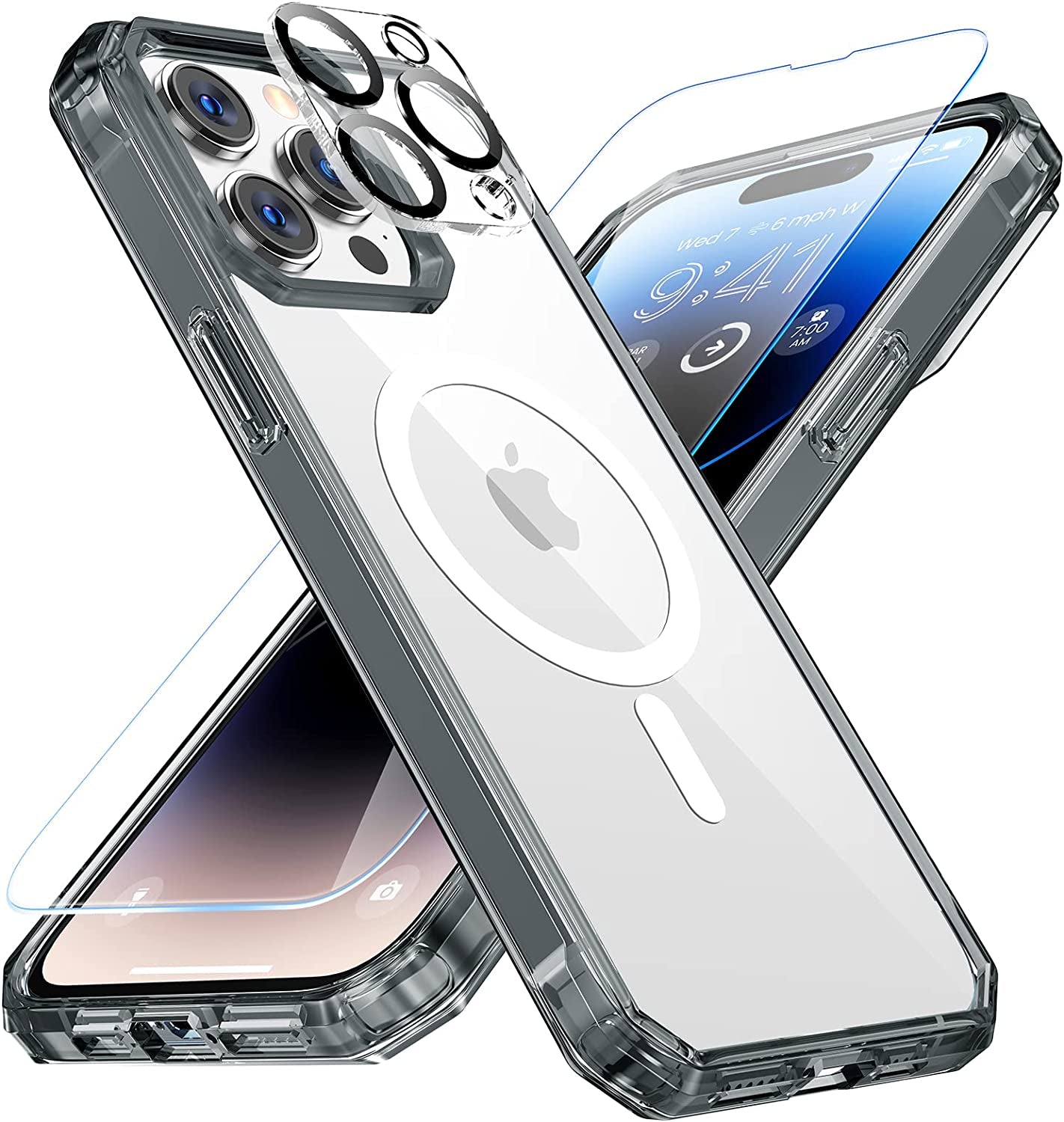 NULETO 【3 in 1】 for Iphone 14 Pro Max Case, Iphone 14 Pro Max Magsafe Case with 9H Tempered Glass Screen Protector & Camera Lens Protector Full-Body Protective Heacy Duty Shockproof Slim Thin - Clear  Nuleto Grey  