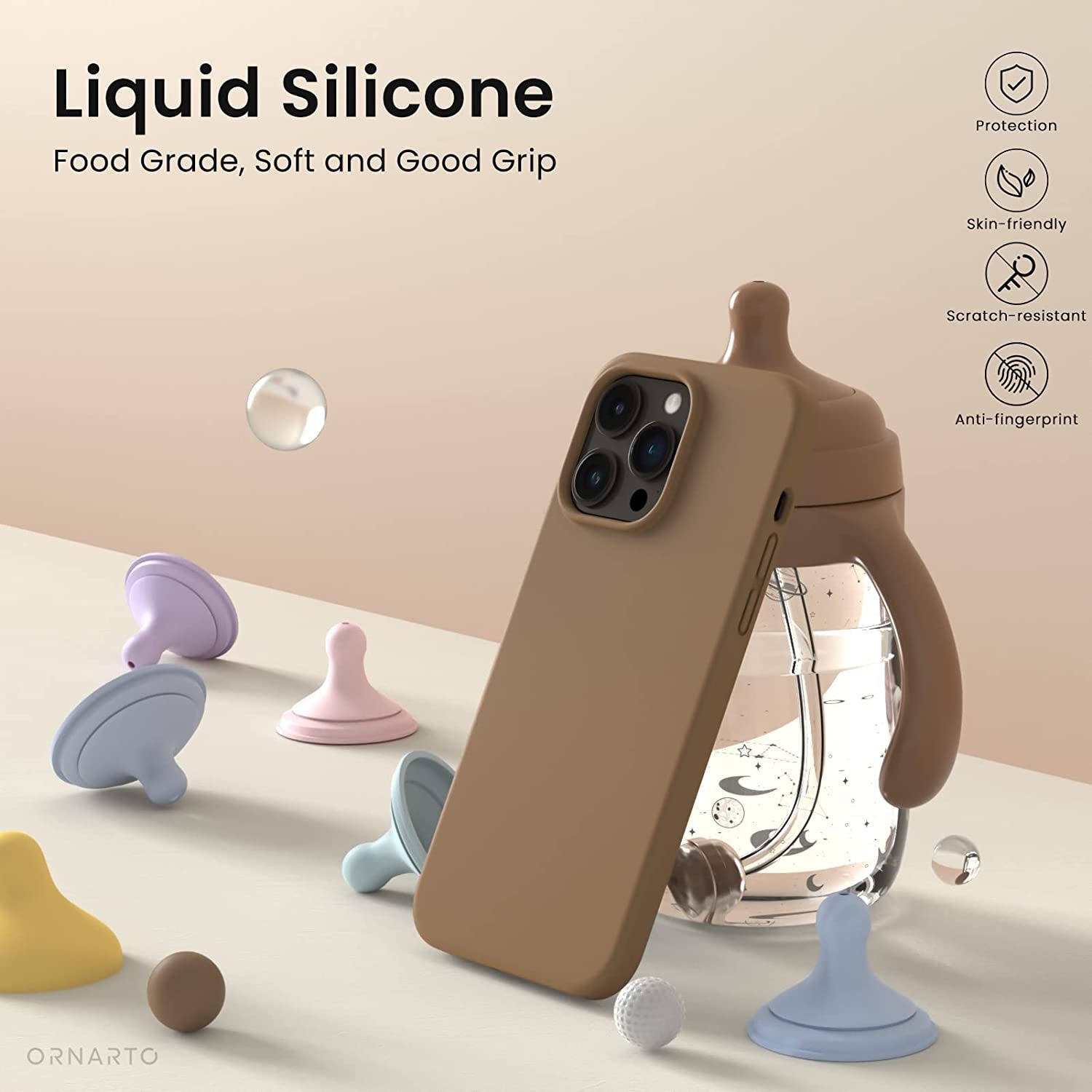 ORNARTO Compatible with Iphone 14 Pro Case 6.1, Slim Liquid Silicone 3 Layers Full Covered Soft Gel Rubber Phone Case Protective Cover with Microfiber Lining 6.1 Inch-Brown  ORNARTO   