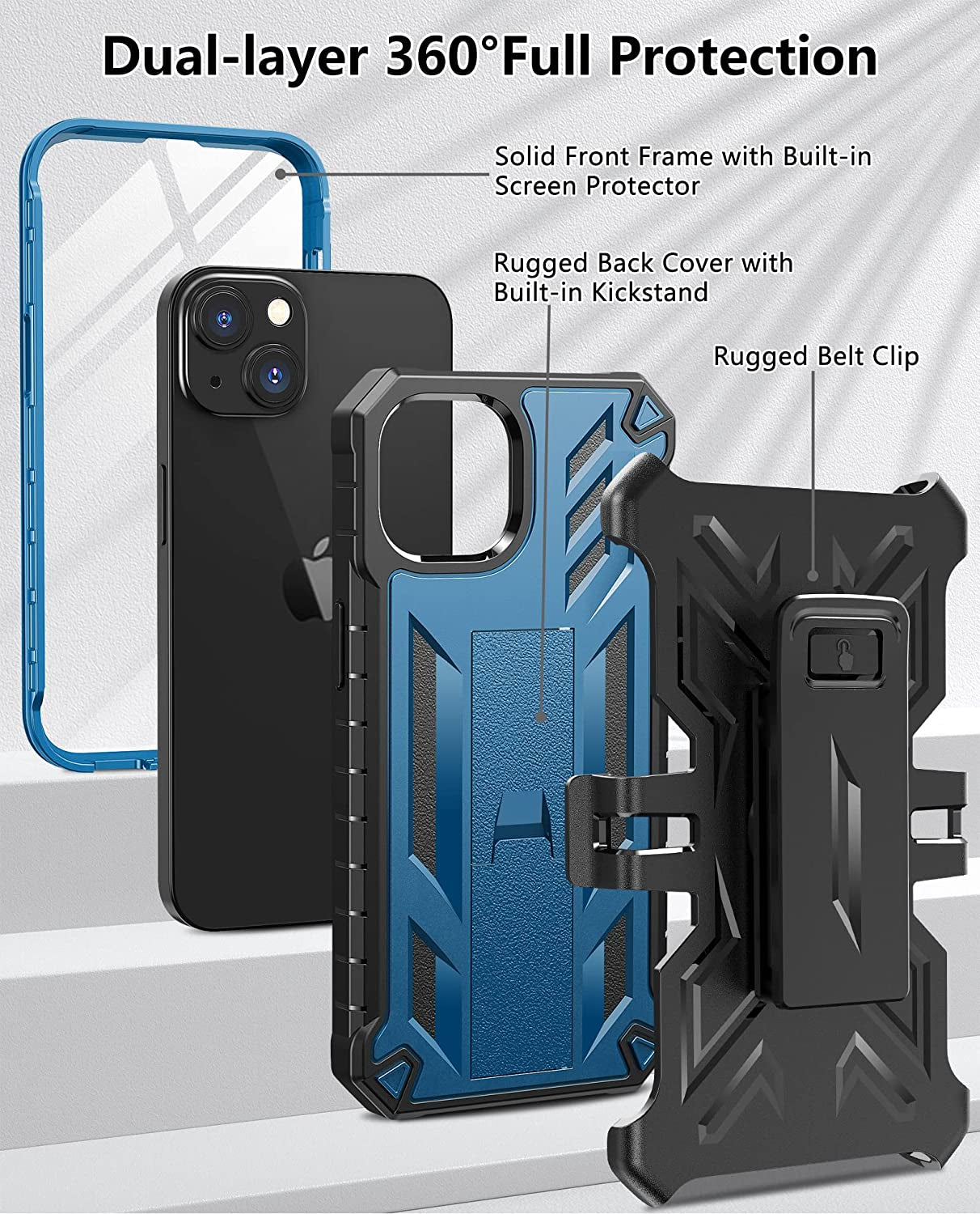 For Iphone 13-14 Case Protective Cover: Heavy Duty Military Grade Hard Protection with Belt Clip | Shock Proof Grip Durable Design Iphone 13 Cell Phone Case with Built-In Kickstand (Belt-Clip Blue)  SOiOS   
