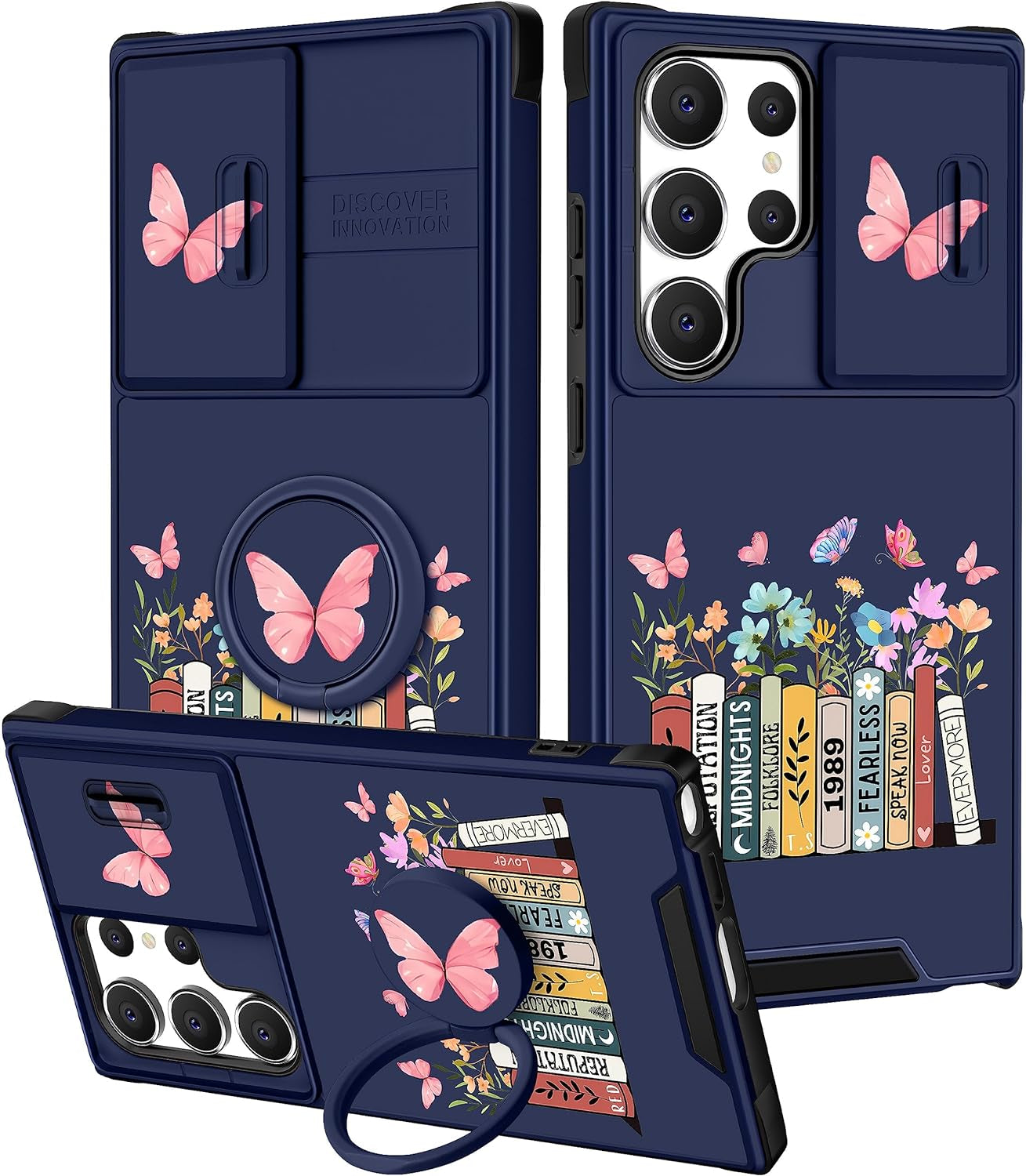 Funermei (2In1 for Samsung Galaxy S22 Ultra Case for Women Cute Cats Girls Animals Phone Cover Kawaii Girly Blue Pretty Design with Camera Cover+ Ring Stand Funda for Galaxy S22 Ultra Case 5G  Funermei 2-For S22 Ultra-Books  