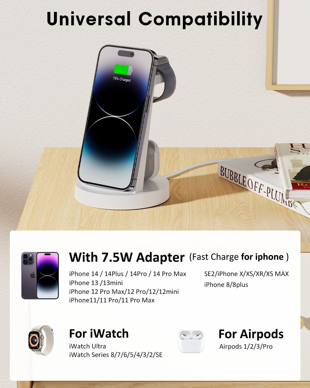 Charging Station for Iphone Multiple Devices: 3 in 1 Wireless Charger for Iphone 14 13 12 11 Pro X Max XS XR &8 plus - Charger Station Stand for Apple Watch Series 7/6/SE/5/4/3/2 & Airpods  shenzhenshijinzhizhuokejiyouxiangongsi   