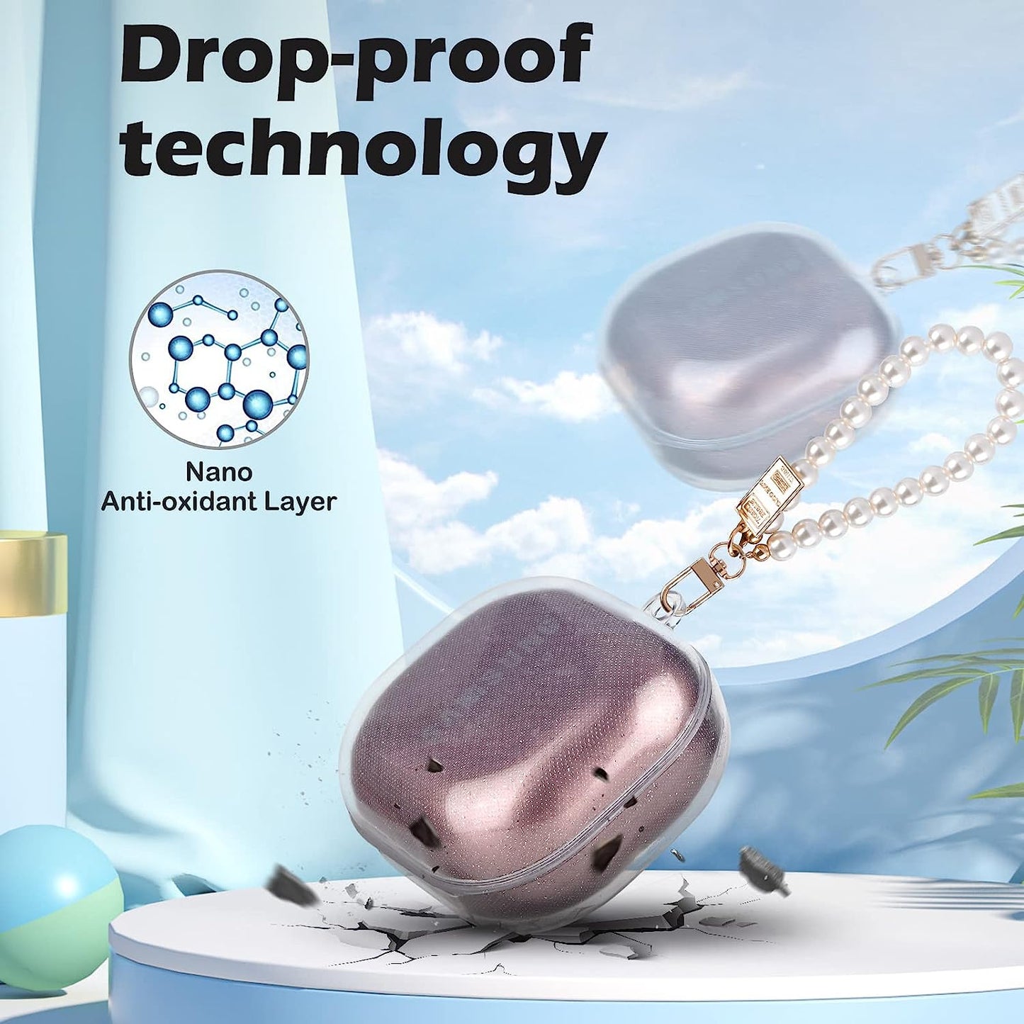 Cute Sparkle Case for Samsung Galaxy Buds 2 Pro(2022)/Galaxy Buds Pro/Buds 2/Buds Live with White Pearl Wrist Keychain for Women Girls Kids Clear Bling Glitter Protective Soft Silicone Cover  DiyGody   