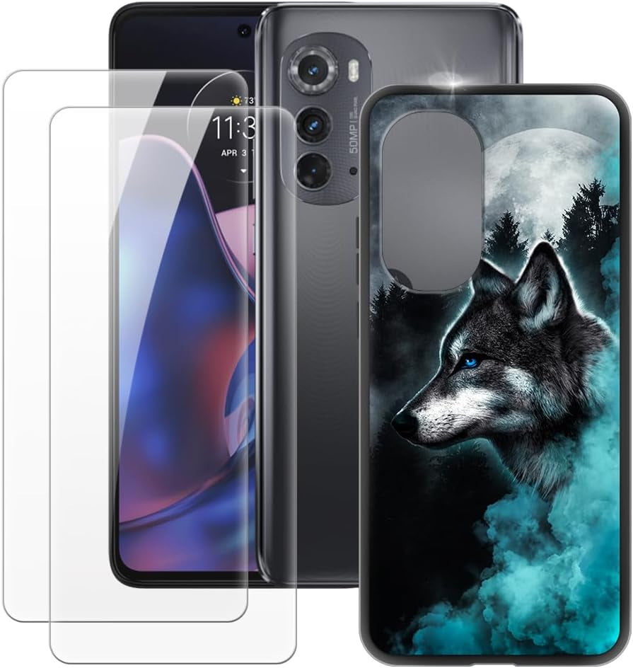 MILEGAO Motorola Edge 2022 Case + 2PCS Screen Protector Tempered Glass, Ultra Thin Bumper Shockproof Soft TPU Silicone Cover for Motorola Edge Gen.3 (6.6”) Rose  MILEGAO Wolf 1  