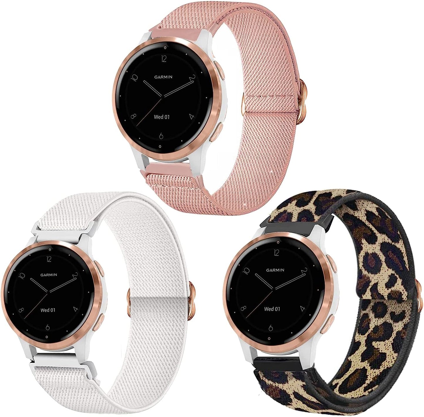 Krudary Elastic Bands Compatible with 18Mm Garmin Vivoactive 4S / Vivomove 3S/ Venu 2S , Soft Stretch Nylon Loop Bracelet Watch Strap Replacement Watchband for Garmin Forerunner 255S/255S Music  Krudary 3 Pack （Leopard + Pink + White）  