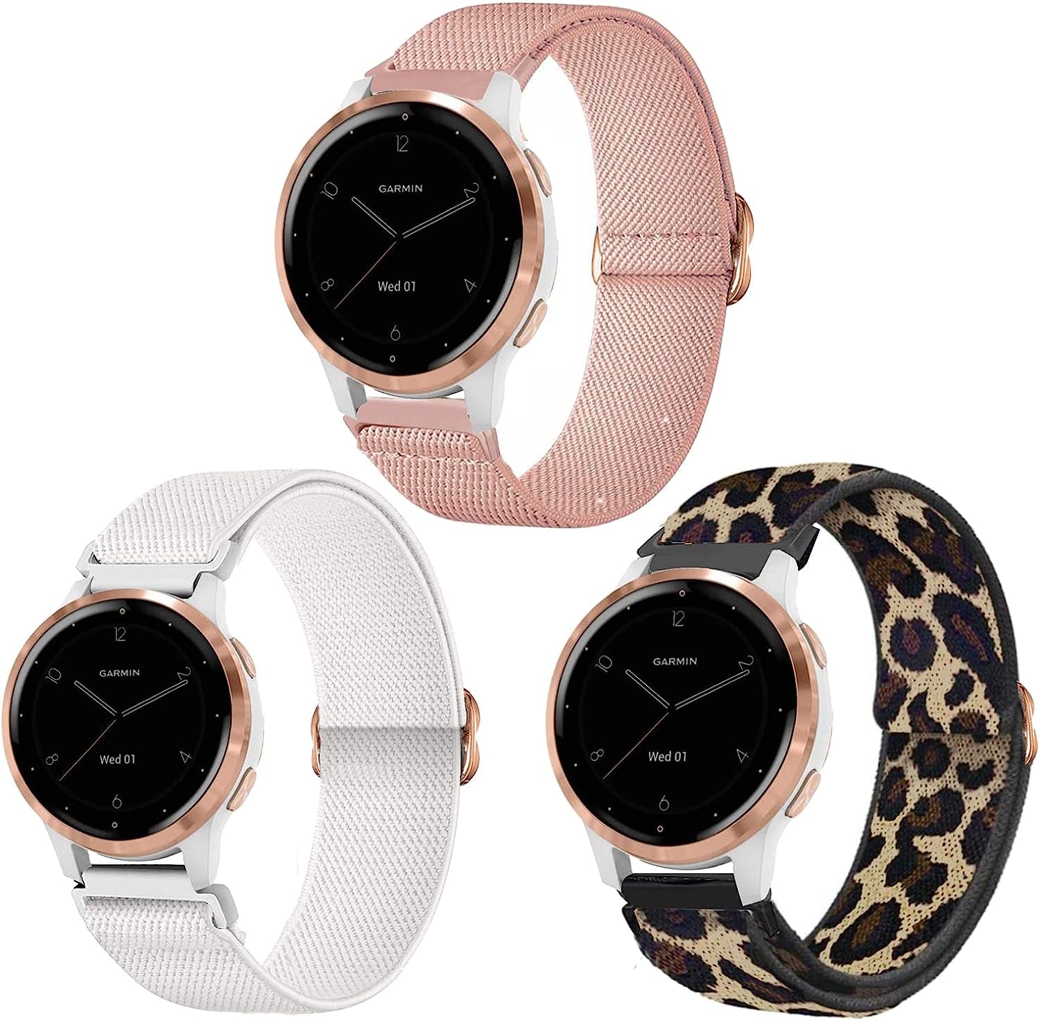 Krudary Elastic Bands Compatible with 18Mm Garmin Vivoactive 4S / Vivomove 3S/ Venu 2S , Soft Stretch Nylon Loop Bracelet Watch Strap Replacement Watchband for Garmin Forerunner 255S/255S Music  Krudary 3 Pack （Leopard + Pink + White）  