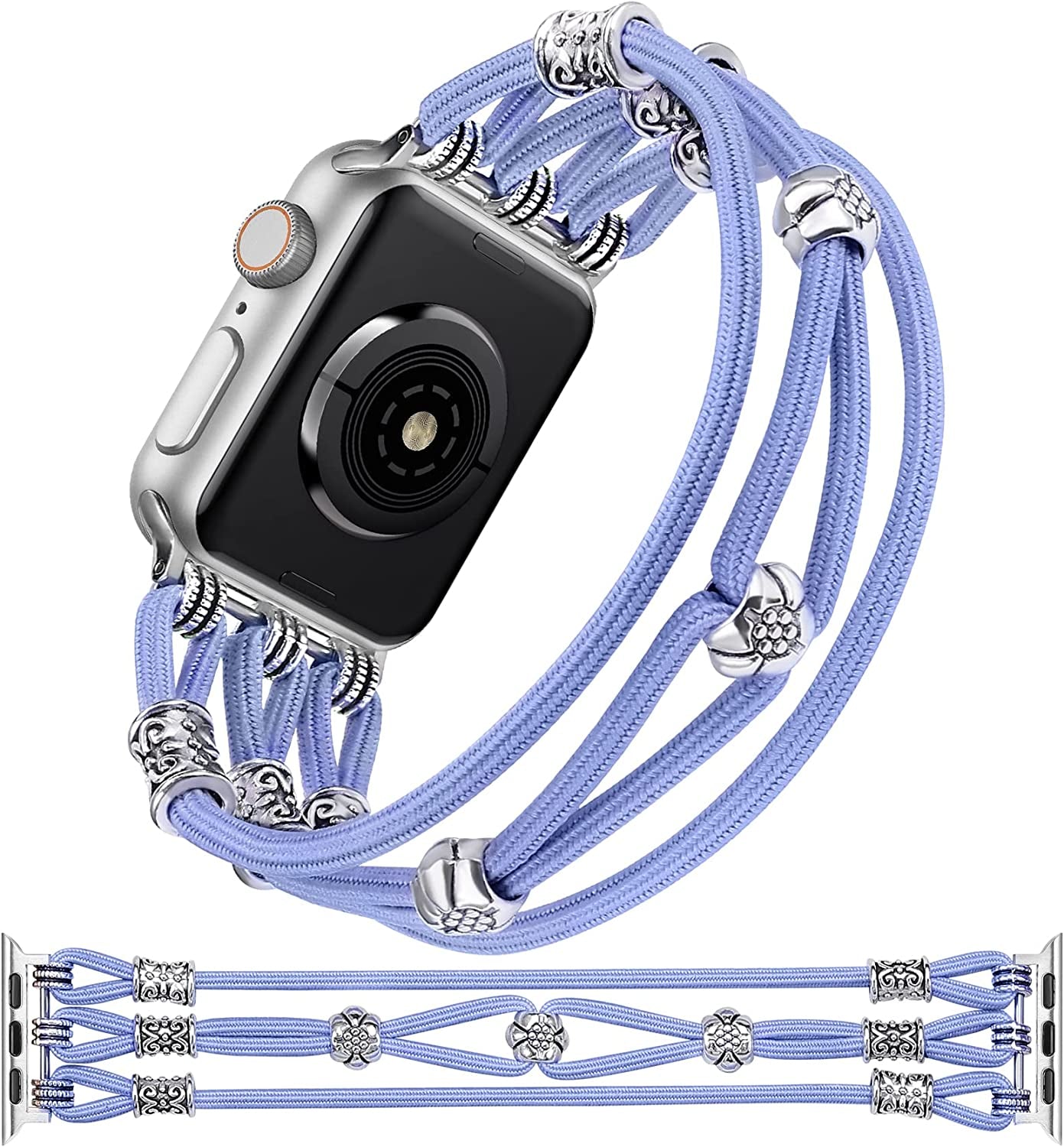 TOYOUTHS Beaded Bracelet Compatible with Apple Watch Band 38Mm 40Mm 41Mm Women, Premium Braided Nylon Elastic Stretchy Boho Cute Fancy Charms Solo Loop Strap for Iwatch Series 8/SE/7/6/5/4/3/2/1, M  TOYOUTHS Light Blue 38mm/40mm/41mm M 