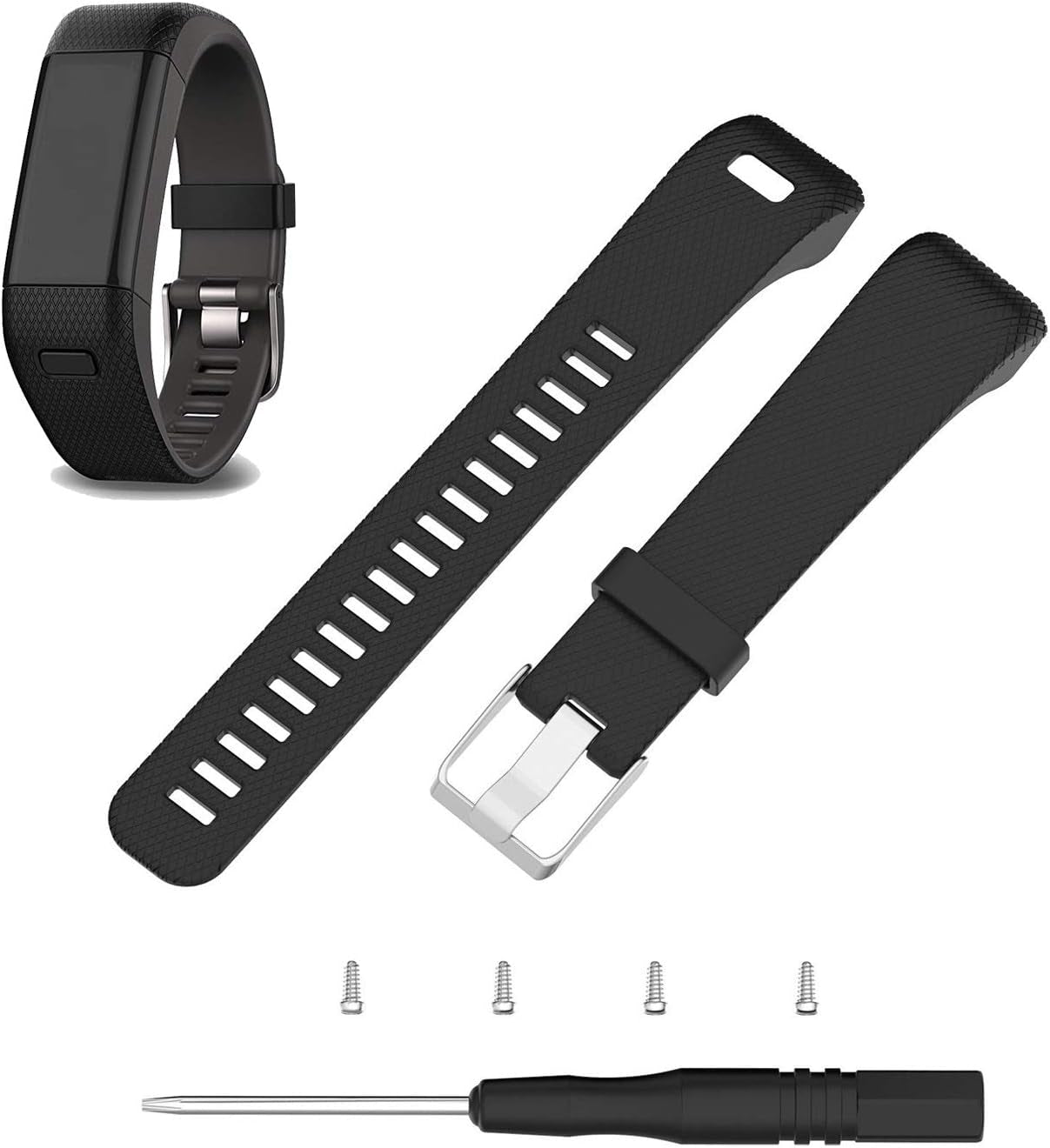 ECSEM Replacement Soft Silicone Bands and Straps Compatible with Garmin Vivosmart HR+ ONLY (Not for Vivosmart Hr) with Tool and Screw  E ECSEM   