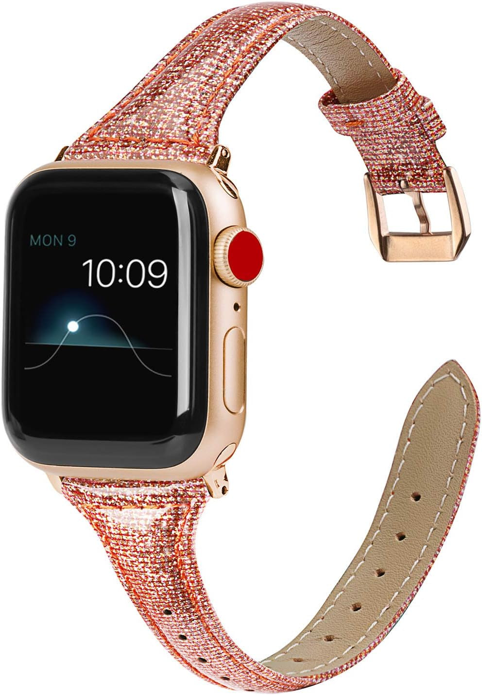 Wearlizer Rose Gold Leather Compatible with Apple Watch Leather Bands 38Mm 40Mm 41Mm Womens for Iwatch Series 8 7 6 5 4 3 2 1 SE Shiny Slim Smooth Wristband Bling Glitter Strap (Gold Clasp)  Wearlizer Orange with Gold Clasp 38/40/41mm 