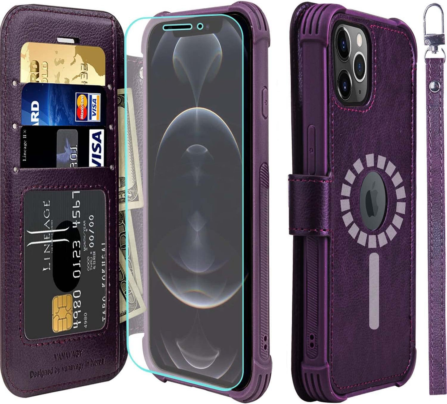 VANAVAGY Iphone 13 Pro Wallet Case Magsafe,Leather Flip Folio Phone Cover Supports Magsafe and Wireless Charging with RFID Block Card Holder and Wrist Strap,Rosegold  VANAVAGY Purple(Not for iPhone 13 Pro Max or iPhone 13)  