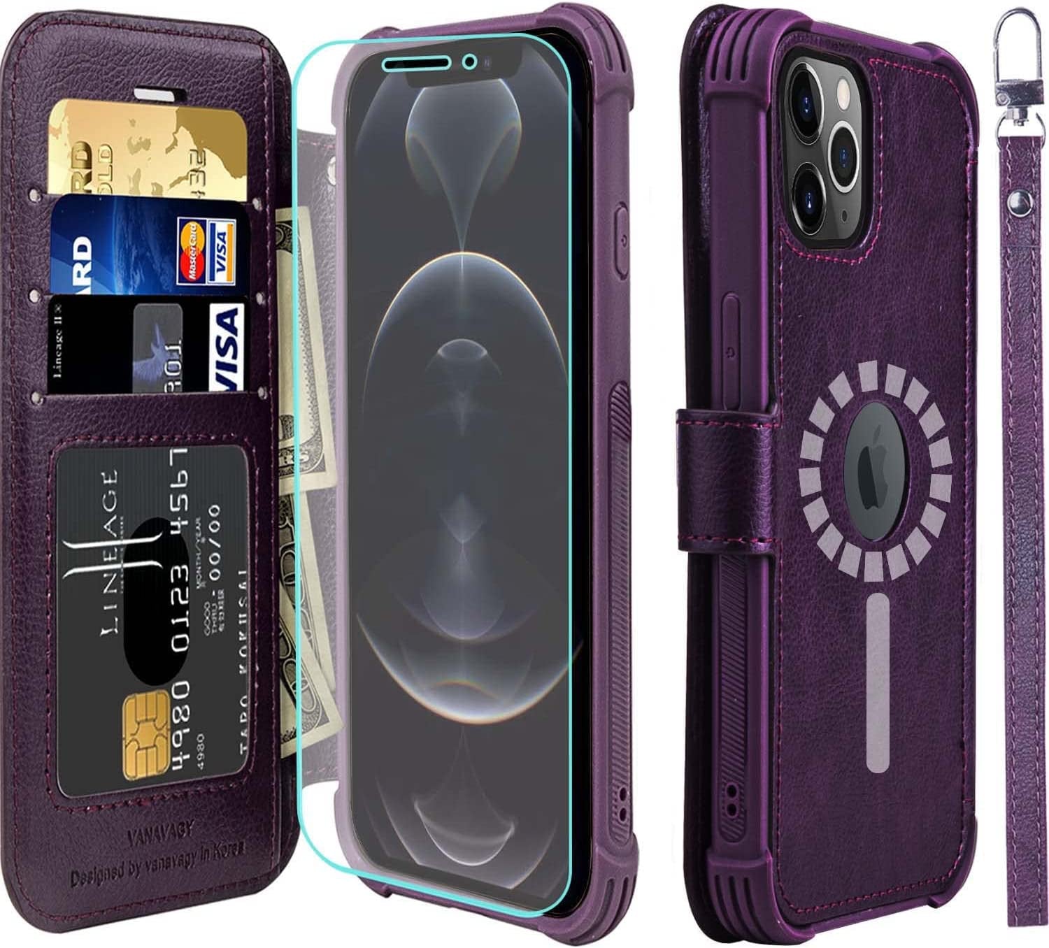 VANAVAGY Iphone 13 Pro Wallet Case Magsafe,Leather Flip Folio Phone Cover Supports Magsafe and Wireless Charging with RFID Block Card Holder and Wrist Strap,Rosegold  VANAVAGY Purple(Not for iPhone 13 Pro Max or iPhone 13)  