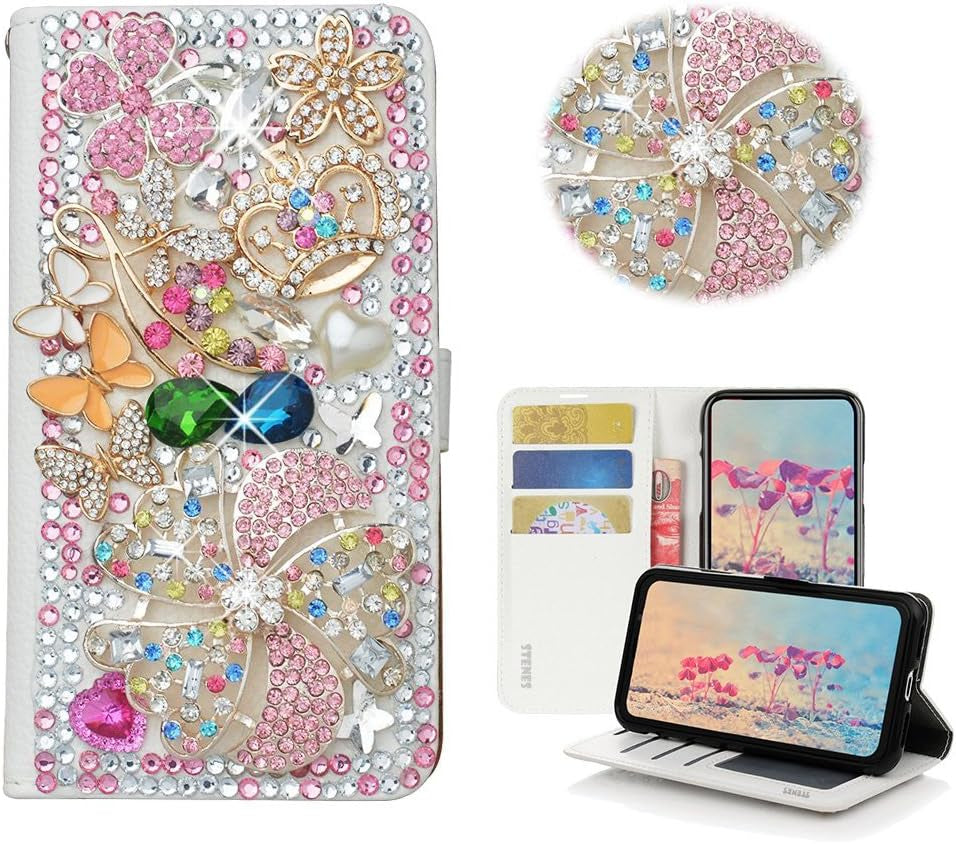 STENES LG G6 Case, LG G6 plus Case - STYLISH - 3D Handmade Crystal Dreamcatcher Pearl Pendant Wallet Credit Card Slots Fold Stand Leather Cover Case for LG G6/LG G6 plus - Multicolor  STENES Windmill Flowers Crown Butterfly / Pink  