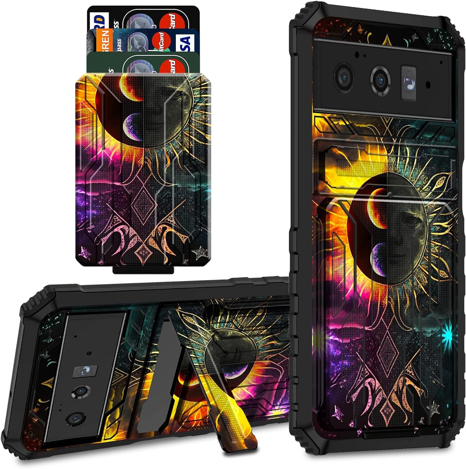 CGFGHHUY for Google Pixel 6 Pro Case for Pixel 6 Pro Wallet Case with Credit Card Holder & Kickstand Dual Layer Hard PC Soft TPU Protective Case for Google Pixel 6 Pro 6.7 Inch 2021 - Moth Moon Sun  CGFGHHUY Sun And Planet For Pixel 6 Pro 6.7 Inch 