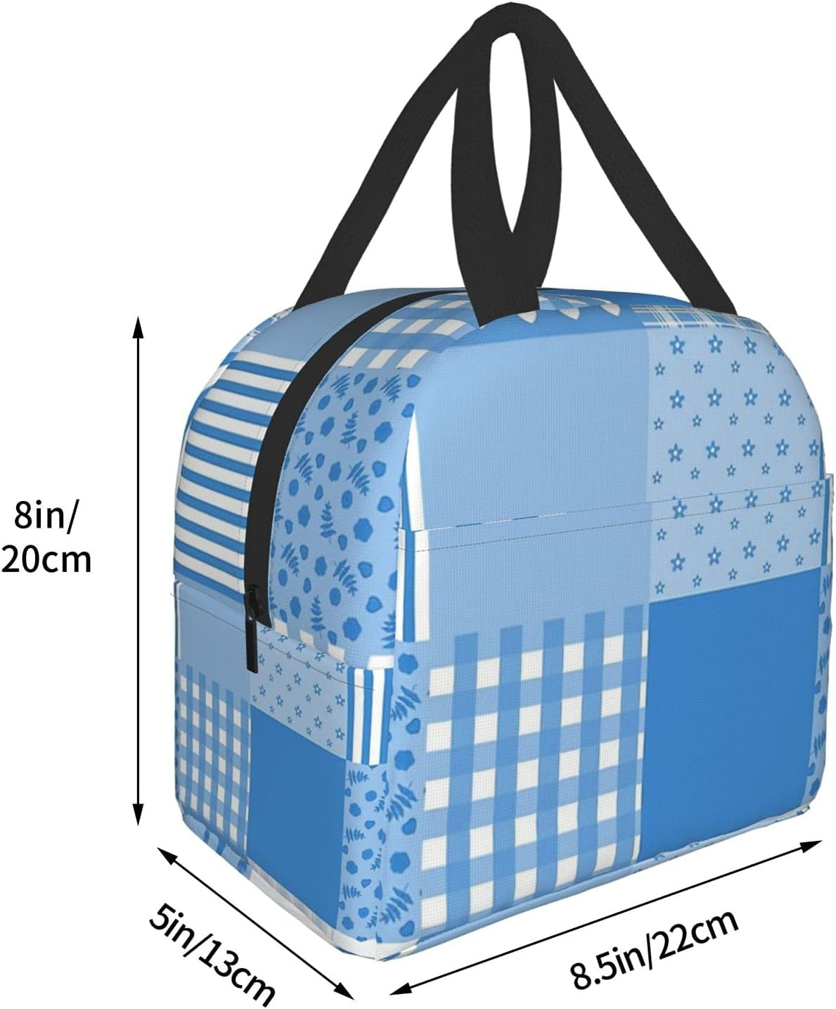 Fashion Blue and White Patchwork Lunch Box Insulated Cooler Lunch Tote Bag Travel Picnic Durable Shopping Reusable Waterproof Bags for Women  carati   
