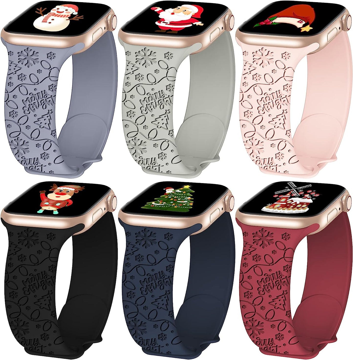 6 Pack Engraved Sport Bands Compatible with Apple Watch Band 38Mm 40Mm 41Mm 42Mm 44Mm 45Mm 49Mm for Women Men, Designer Colorful Soft Silicone Strap for Iwatch Bands Ultra/Se Series 8/7/6/5/4/3/2/1  Wewatri Color Combination - Christmas 38mm/40mm/41mm 